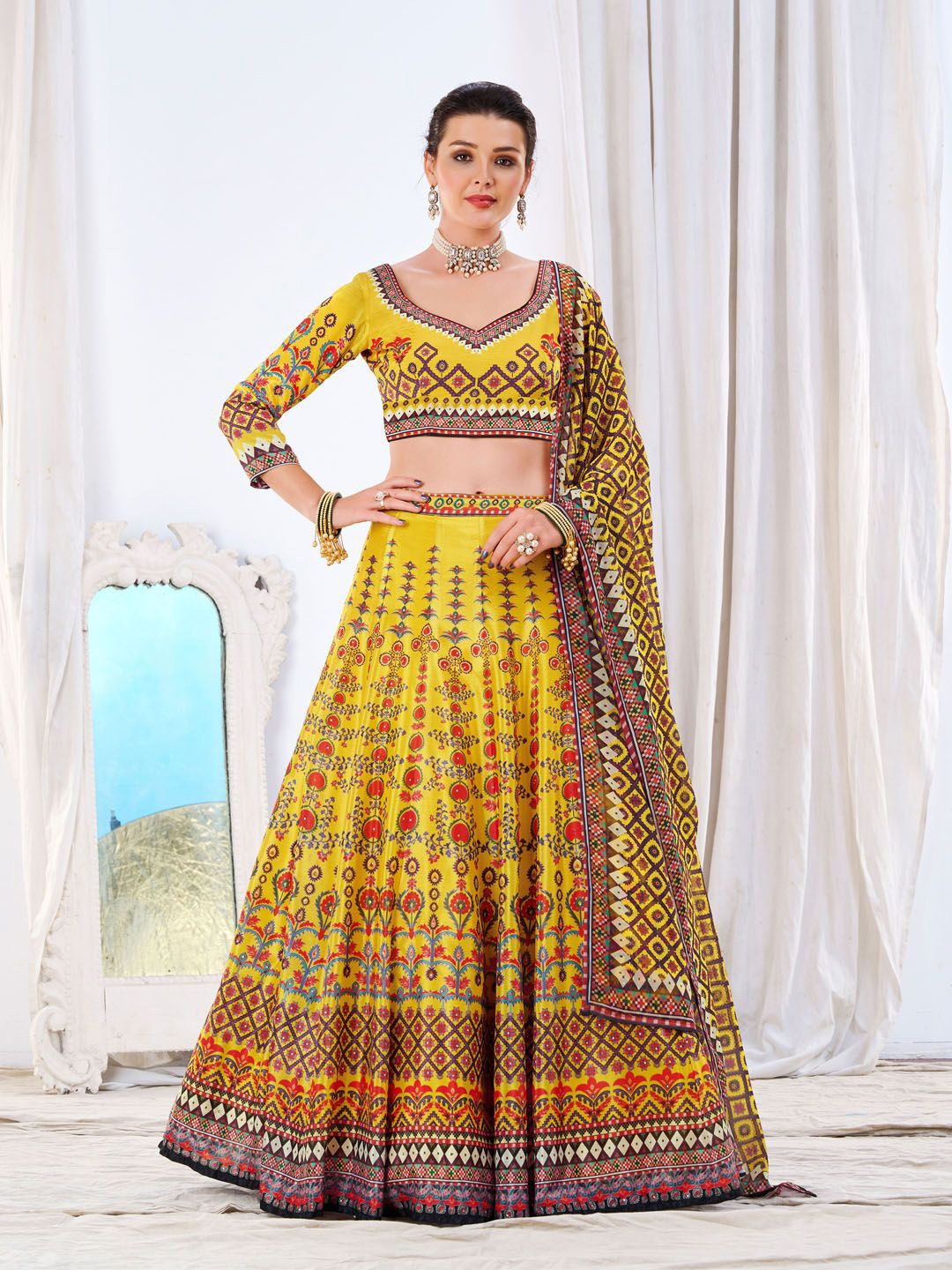 

Meena Bazaar Printed Ready to Wear Lehenga & Blouse With Dupatta, Mustard