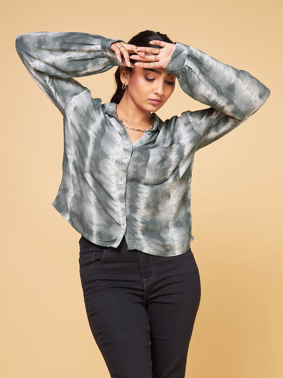 

Saaki Tie and Dye Spread Collar Cotton Casual Shirt, Grey