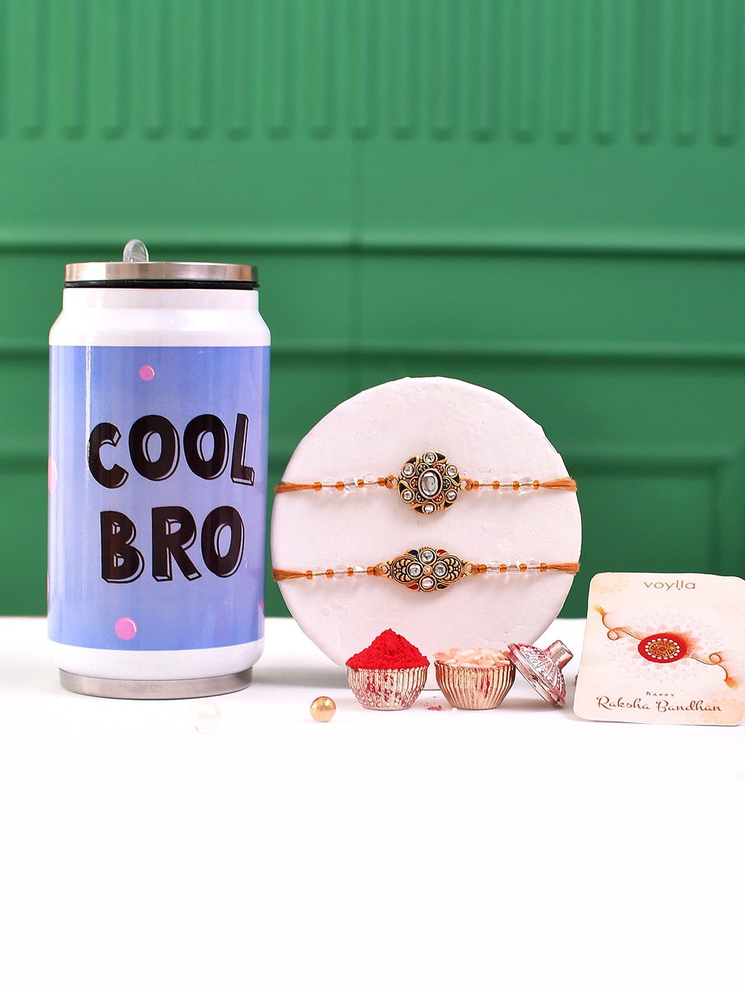 

Voylla Set of 3 Embellished Thread Rakhis & Cool Bro Bottle with Roli Chawal, Gold
