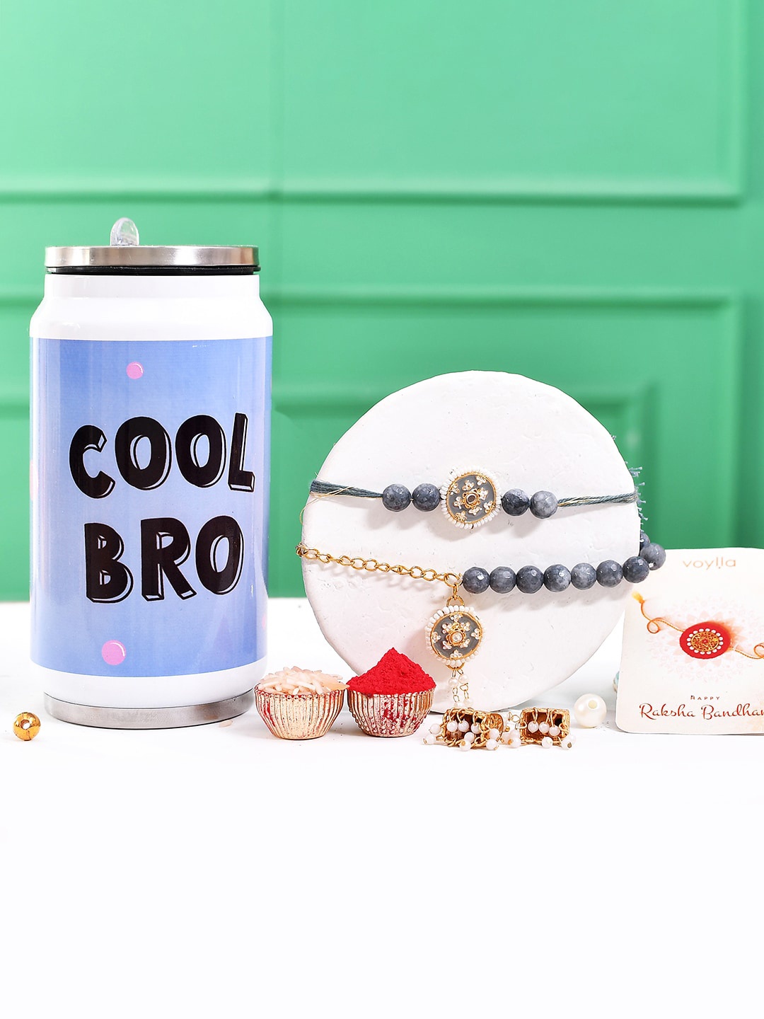 

Voylla Set Of 2 Beaded And Enamelled Bhaiya Bhabhi Rakhi With Cool Bro Bottle, White