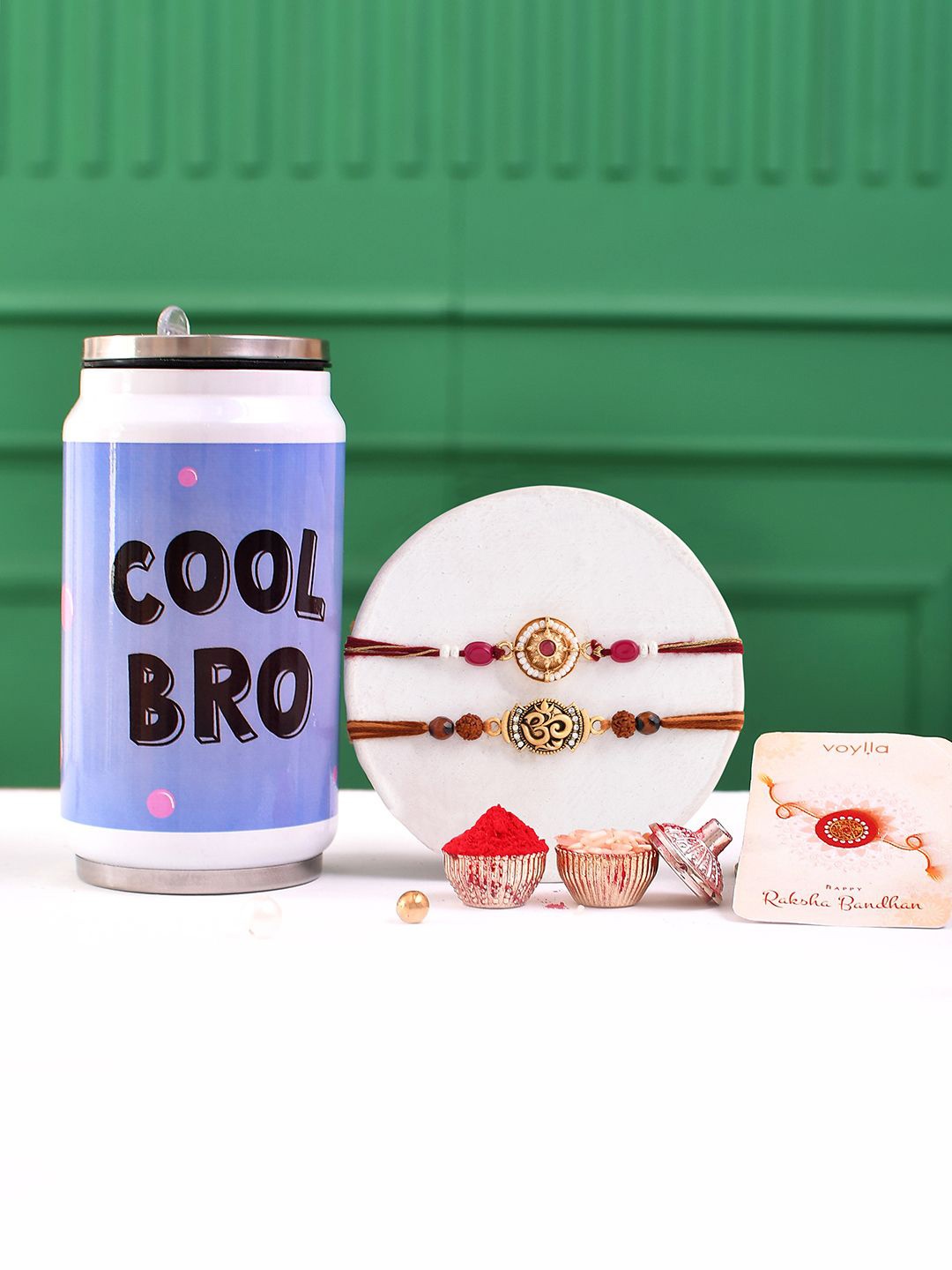 

Voylla Traditional And Divine Motifs Pack Of 2 Thread Rakhis With Cool Bro Bottle, White