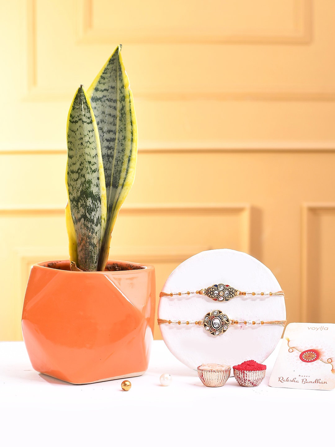 

Voylla Gemstones And Beads Embellished Men's Thread Rakhis With Snake Plant, Gold