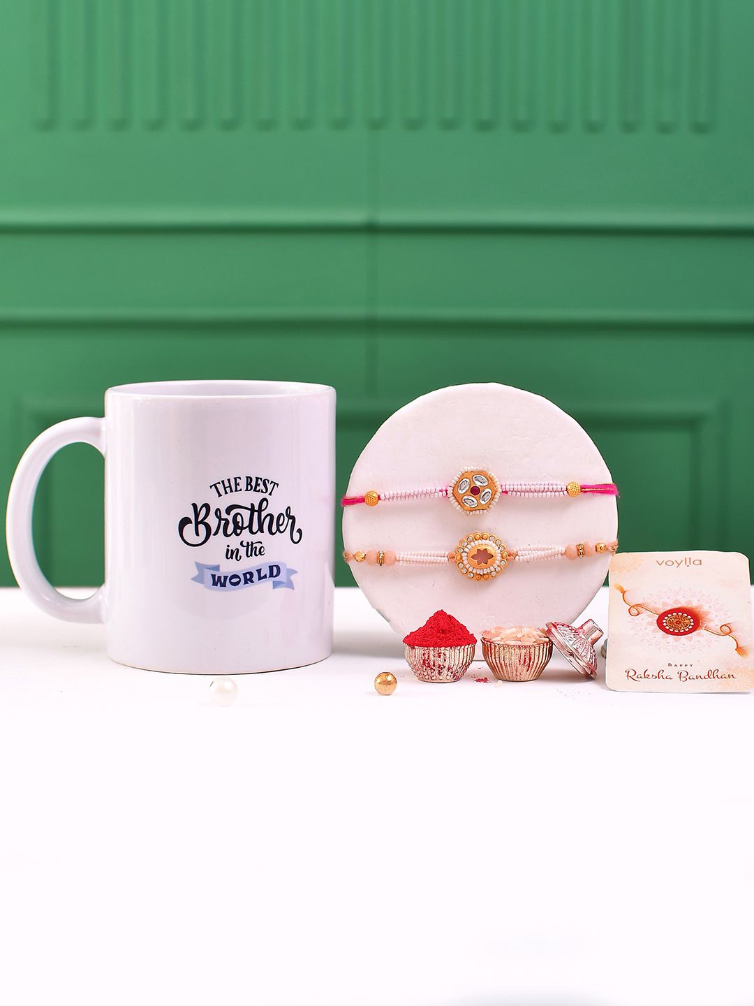 

Voylla Set of 3 Traditional Rakhi With The Best Brother Mug, White