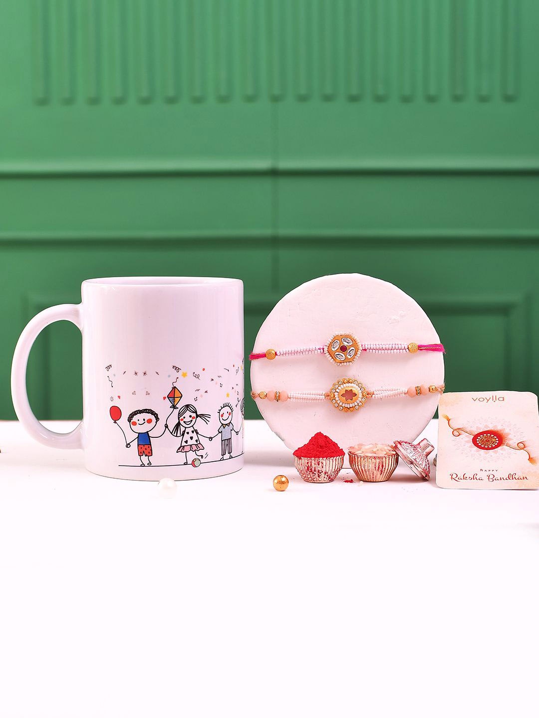 

Voylla White Pearls And Colourful Gems Traditional Men's Rakhis With Group Of Friends Mug