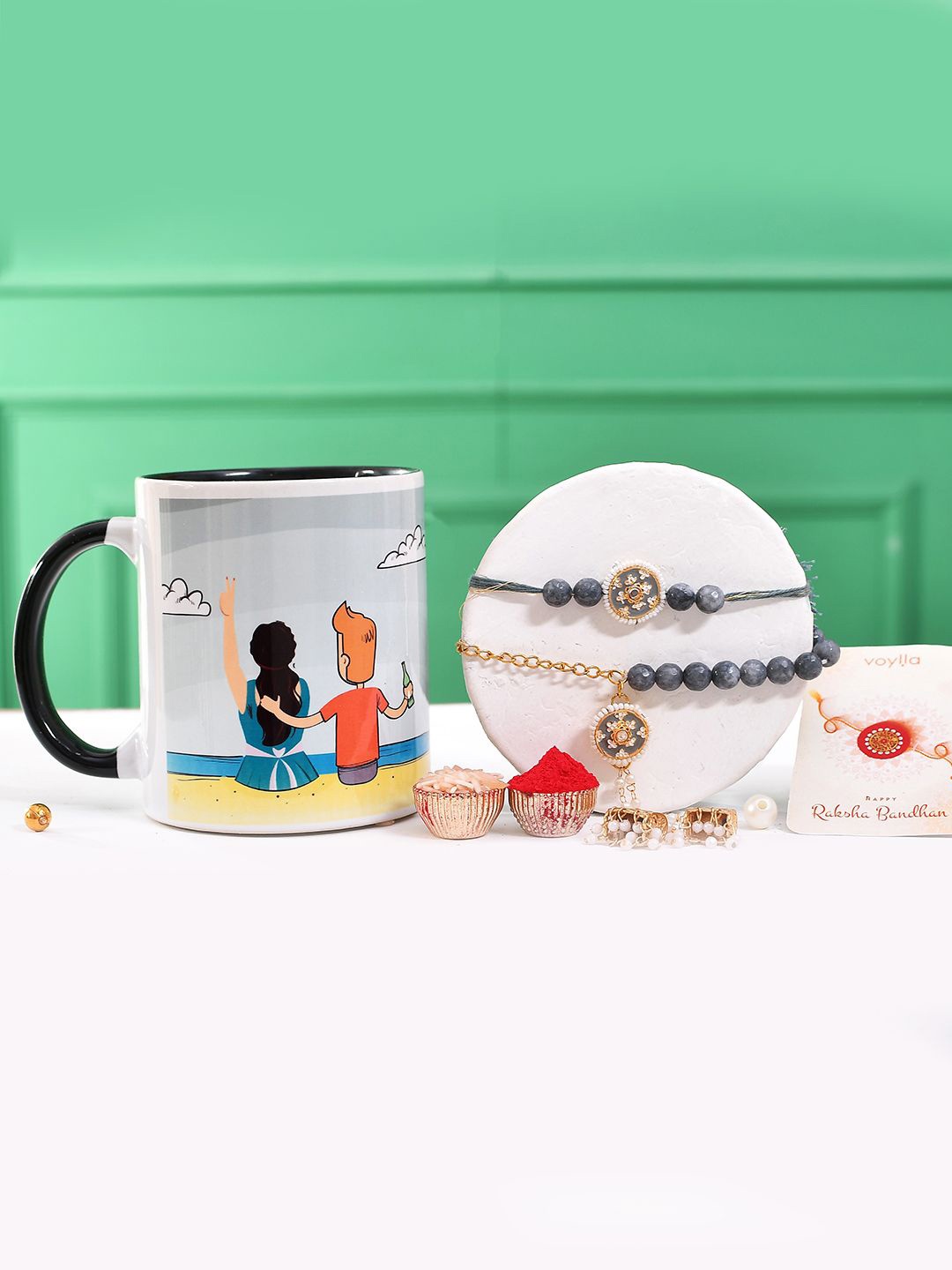 

Voylla Pearls Beaded & Enamelled Bhaiya Bhabhi Rakhi With Special Siblings Mug, White