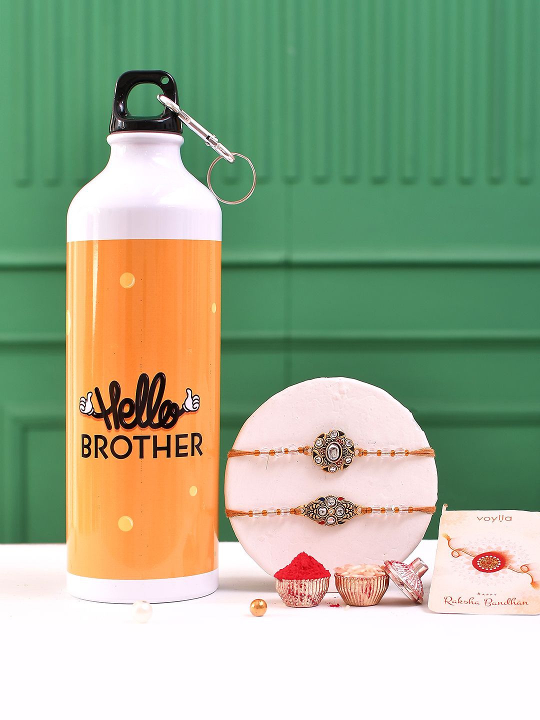 

Voylla Set Of 3 Gemstones and Beads Embellished Rakhi With Bottle & Roli Chawal, Orange