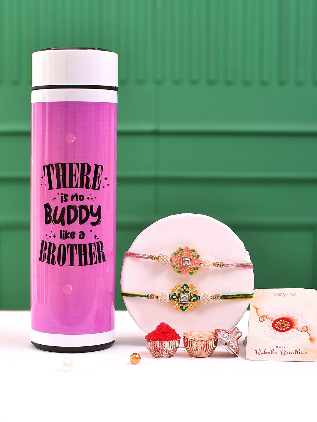 

Voylla 2-pcs Meenakari Rakhi with LED Display Bottle Gift Set, Gold