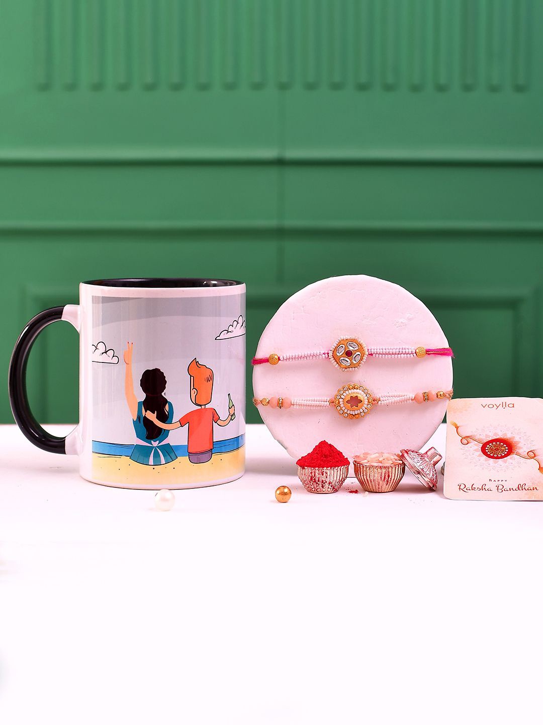 

Voylla Men 2 Pieces Pearls And Colourful Gems Traditional Rakhi With Girl And Boy Mug, White