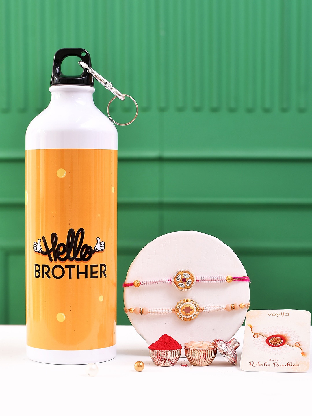 

Voylla Set of 2 Men Pearls & Gems Traditional Rakhi With Hello Brother Bottle, White
