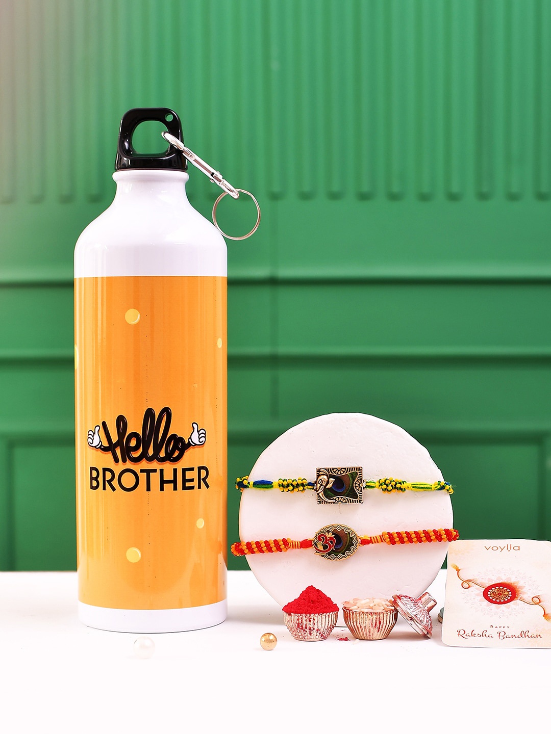 

Voylla Traditional Motifs Men's Colourful Thread Rakhis With Hello Brother Bottle, Orange