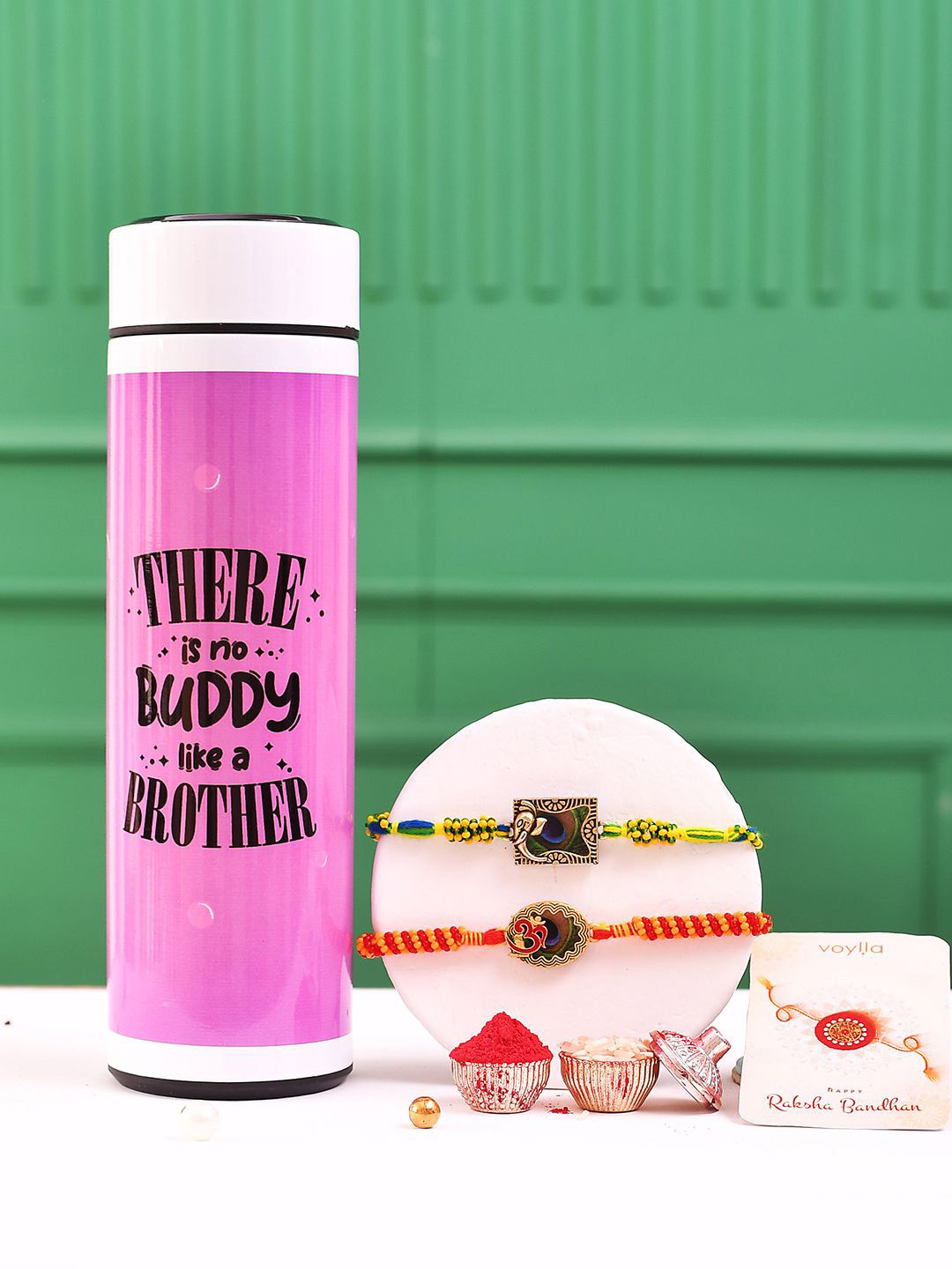 

Voylla Set of 3 Traditional Motifs Beaded Rakhis Gift Set, Pink