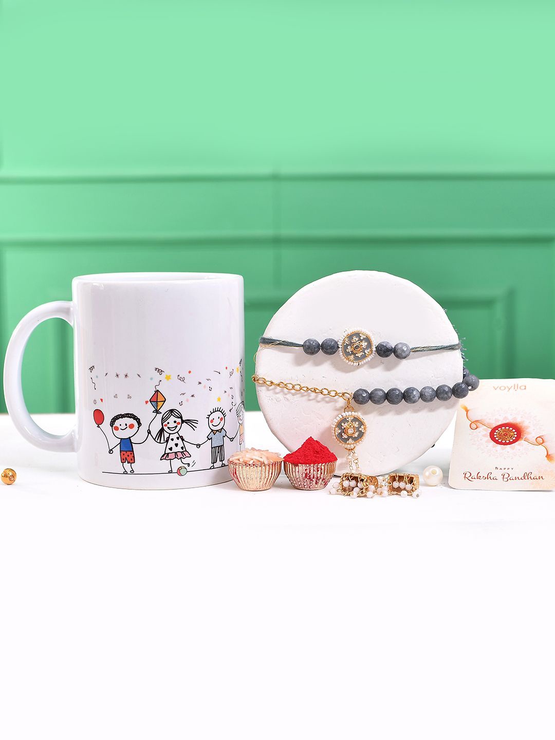 

Voylla White Pearls Beaded And Enamelled Bhaiya Bhabhi Rakhis With Group Of Friends Mug