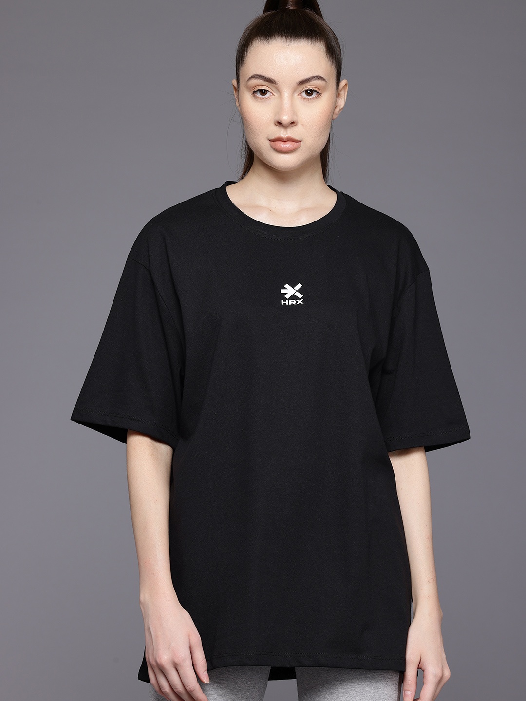 

HRX by Hrithik Roshan Drop-Shoulder Sleeves Oversized Training T-shirt, Black