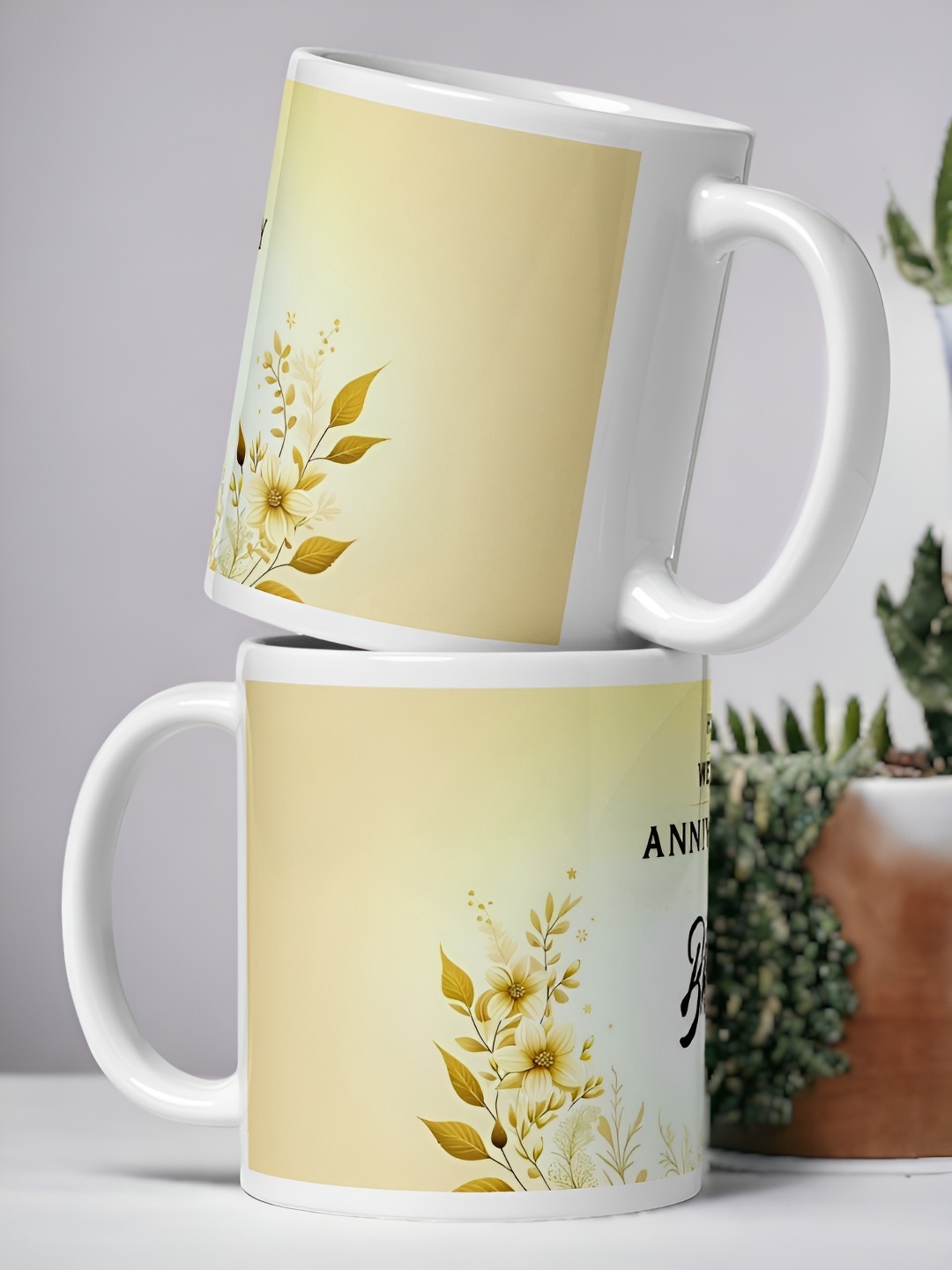 

bettergiftflowers Peach 2 Pieces Happy Wedding Anniversary Printed Glossy Mugs 350 ml