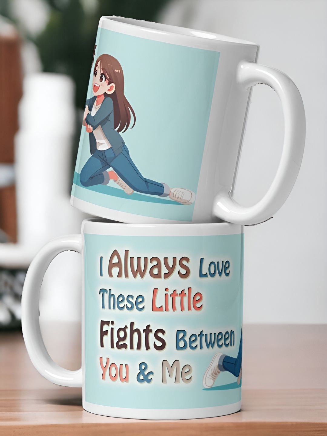 

bettergiftflowers Blue & White 2 Pieces Little Fights Printed Glossy Mugs 350 ml