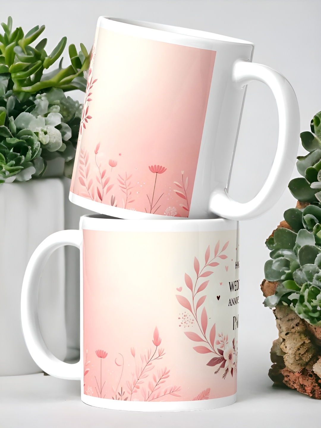 

bettergiftflowers Pink & Black 2 Pieces Happy Anniversary Printed Glossy Mugs 350 ml