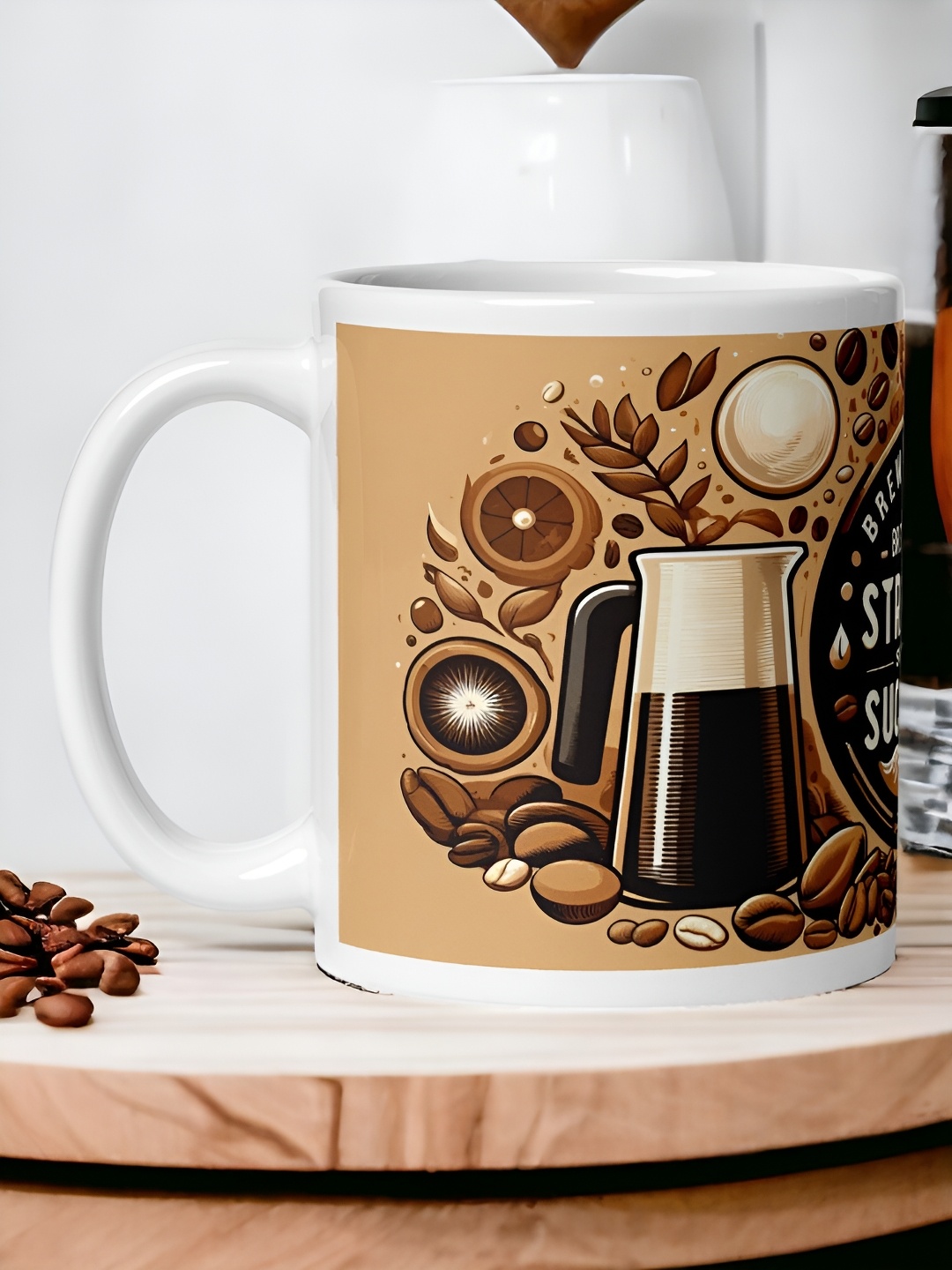 

bettergiftflowers White & Brown Brew Your Coffee Printed Smooth Surface Glossy Mugs 350 ml