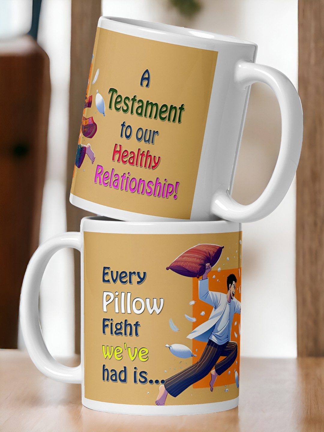 

bettergiftflowers Orange & Green 2 Pieces Pillow Fight Printed Glossy Mugs 350 ml