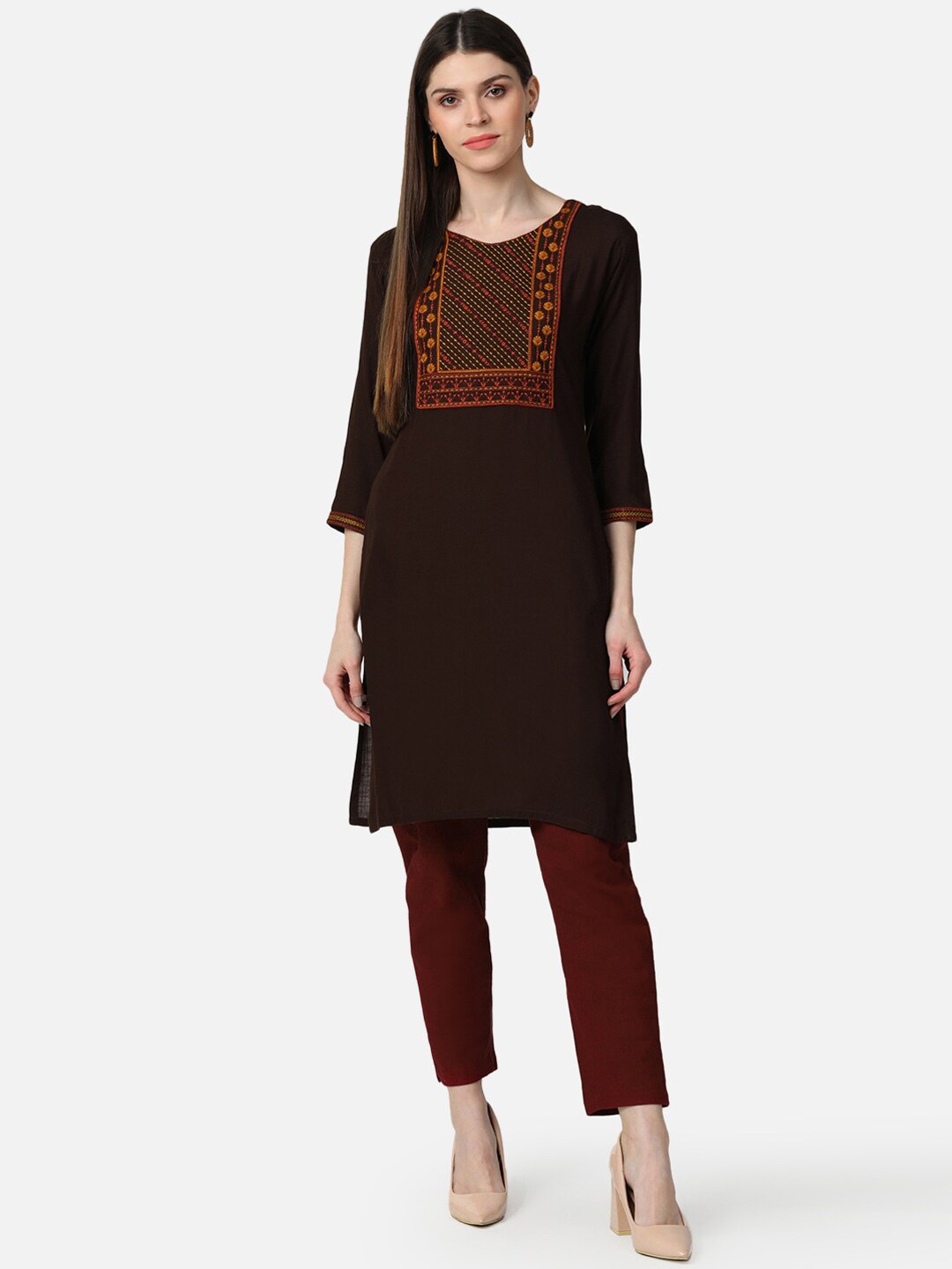 

KALINI Embroidered Yoke Design Thread Work Cotton Straight Kurta, Coffee brown