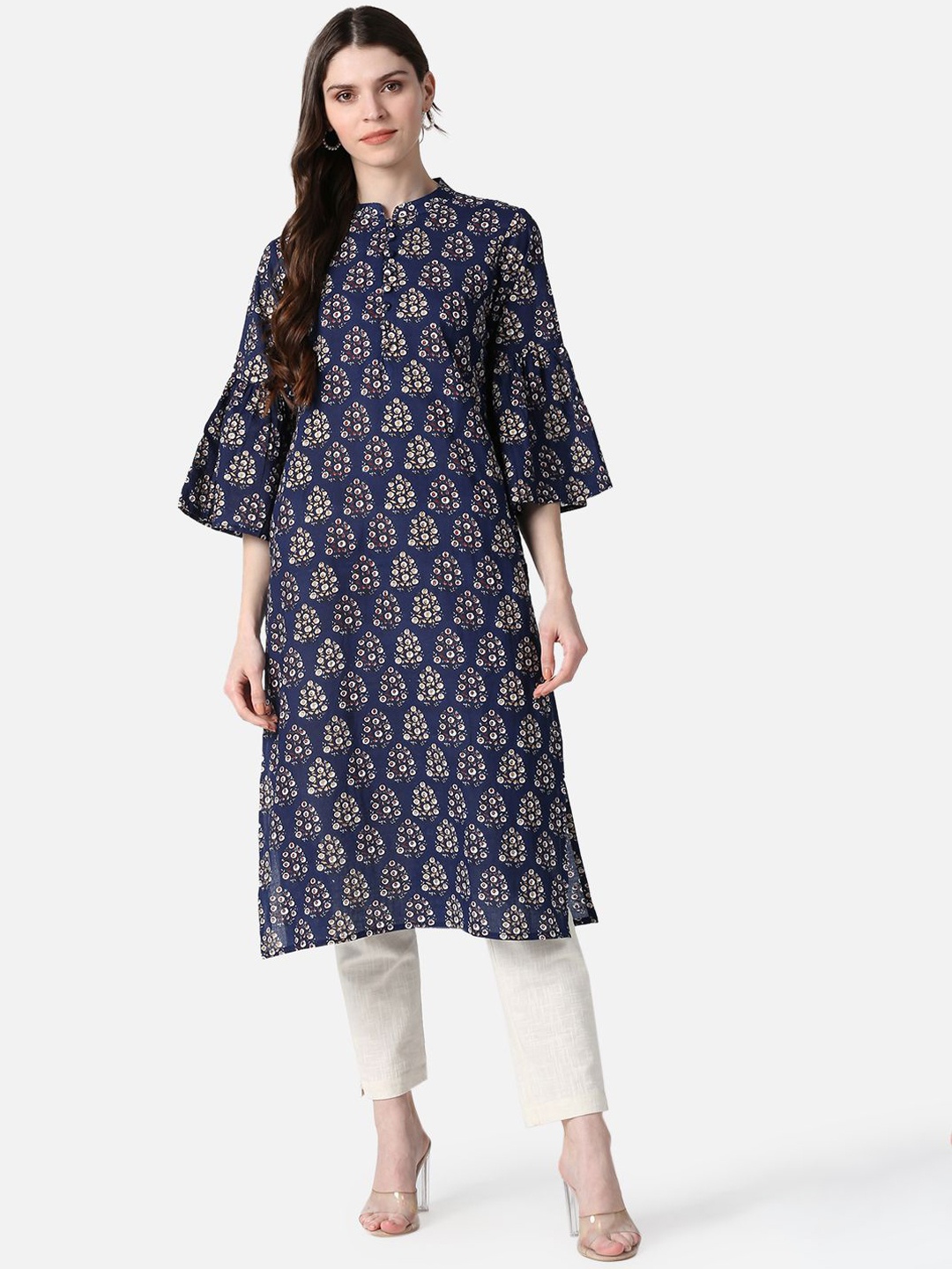

KALINI Floral Printed Mandarin Collar Bell Sleeves Cotton Straight Kurta, Navy blue