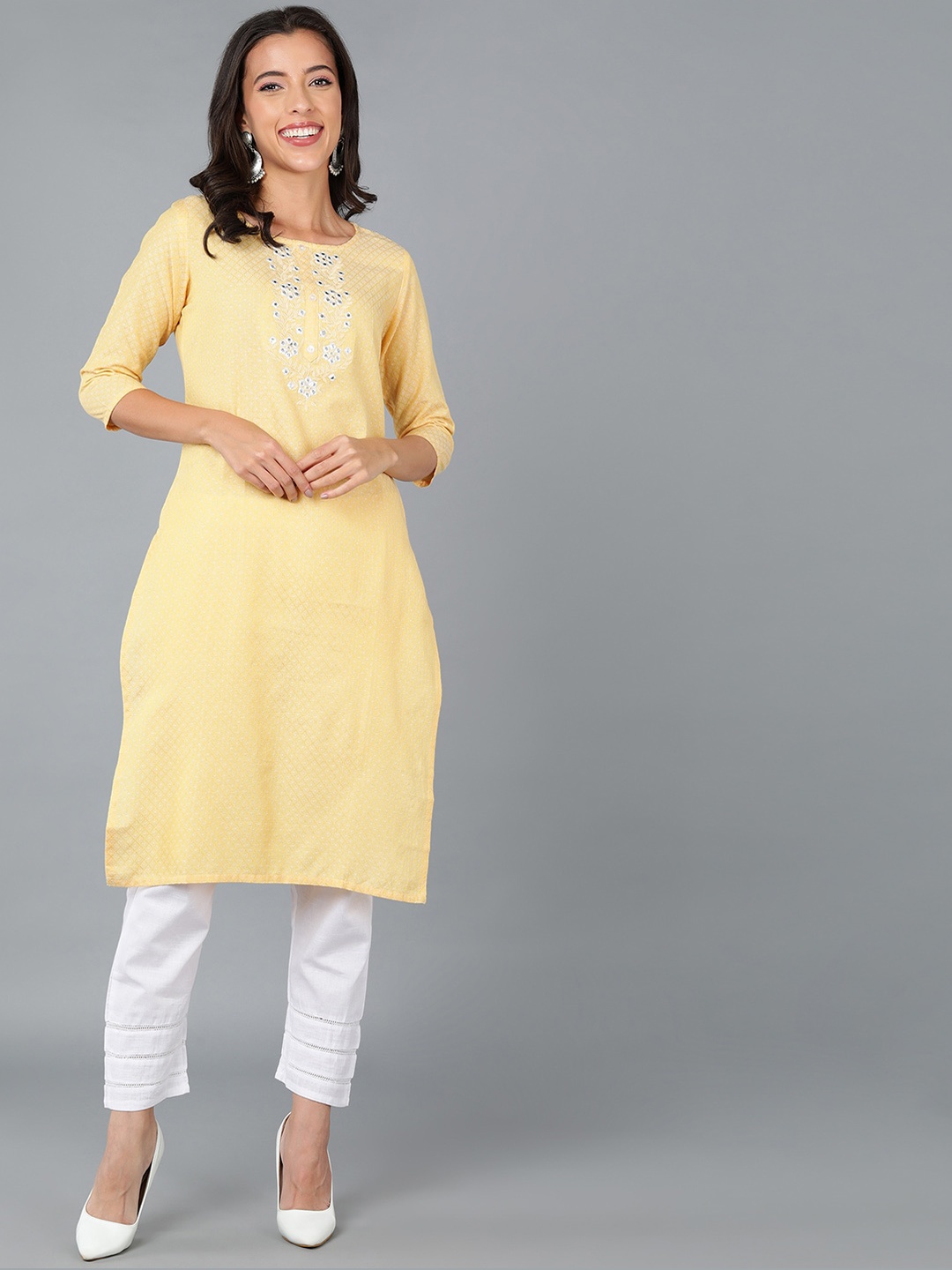 

KALINI Checked Round Neck Thread Work Cotton Straight Kurta, Yellow