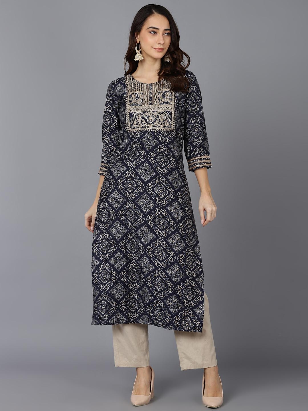 

KALINI Bandhani Printed Round Neck Thread Work Straight Kurta, Navy blue