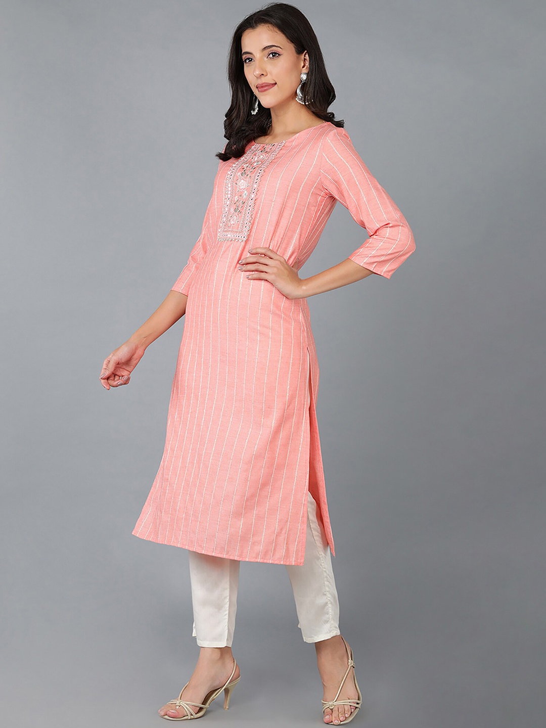

KALINI Yoke Design Gotta Patti Cotton Kurta, Peach