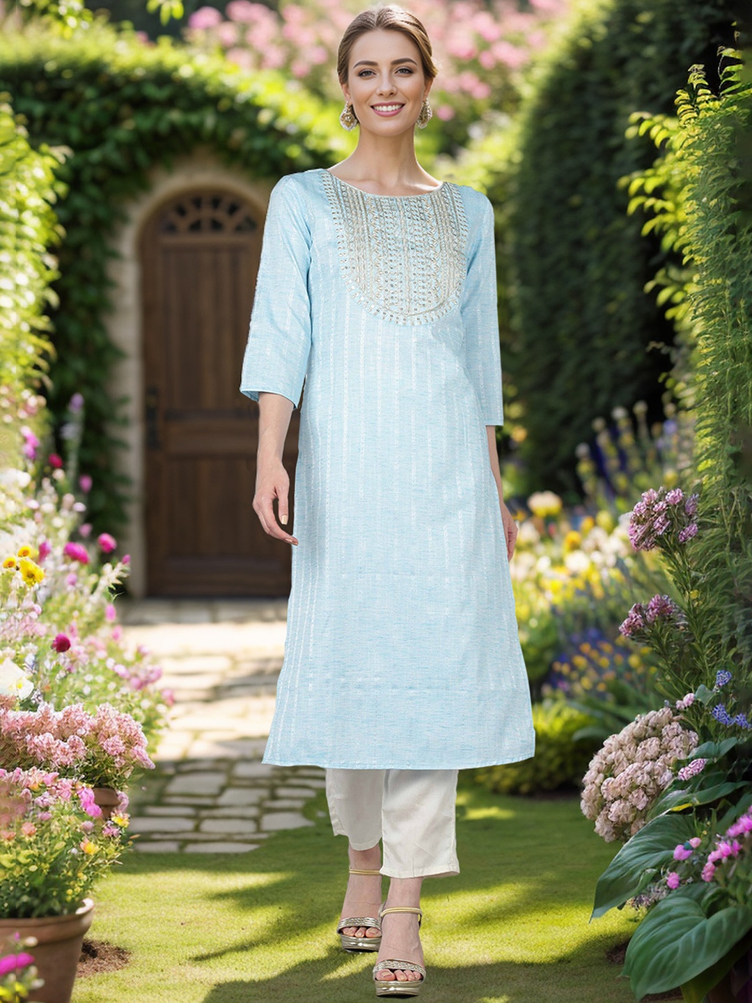 

KALINI Striped Embroidered Regular Thread Work Cotton Straight Kurta, Blue