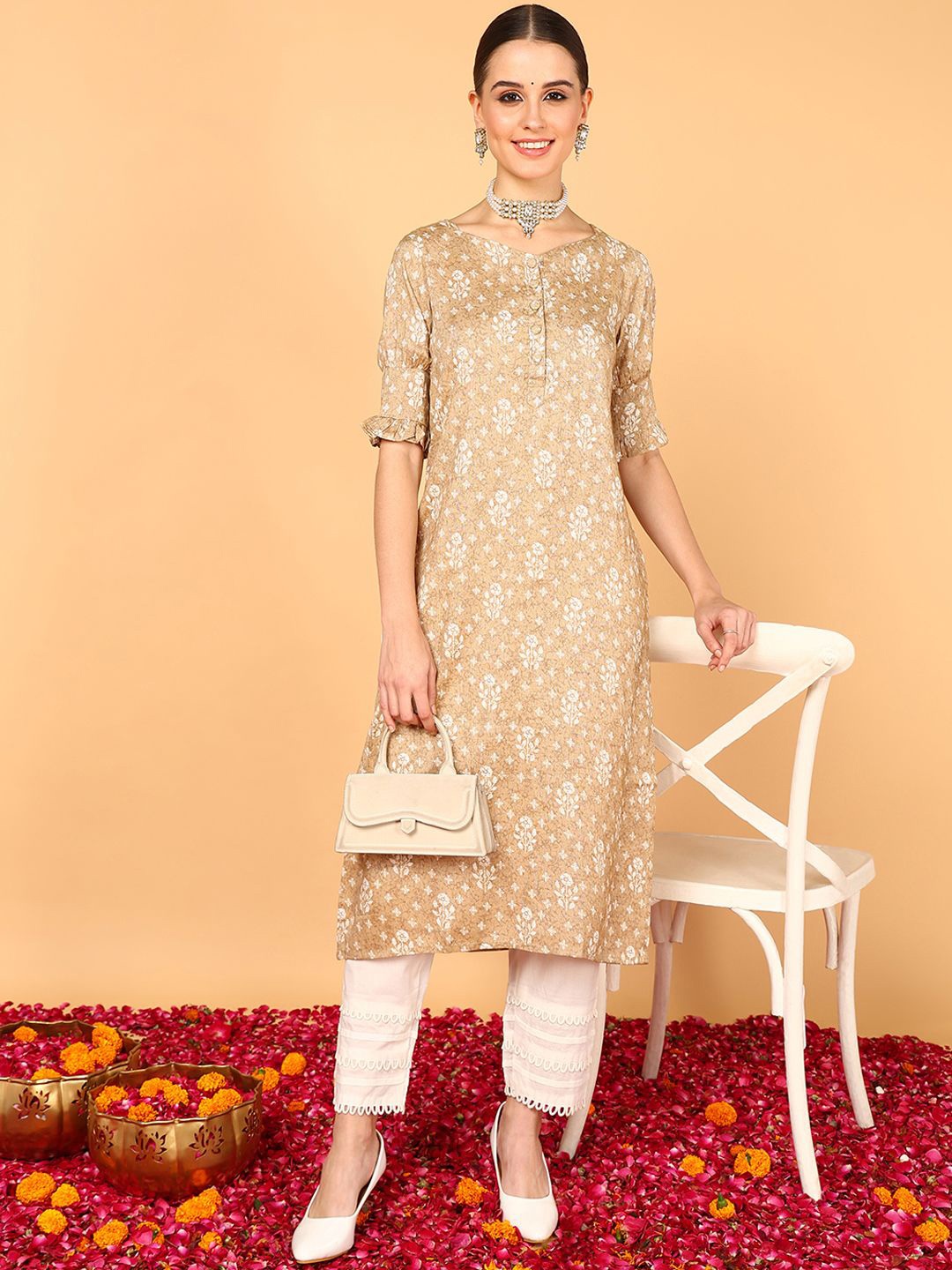 

KALINI Floral Printed V-Neck Puff Sleeves Cotton Straight Kurta, Beige