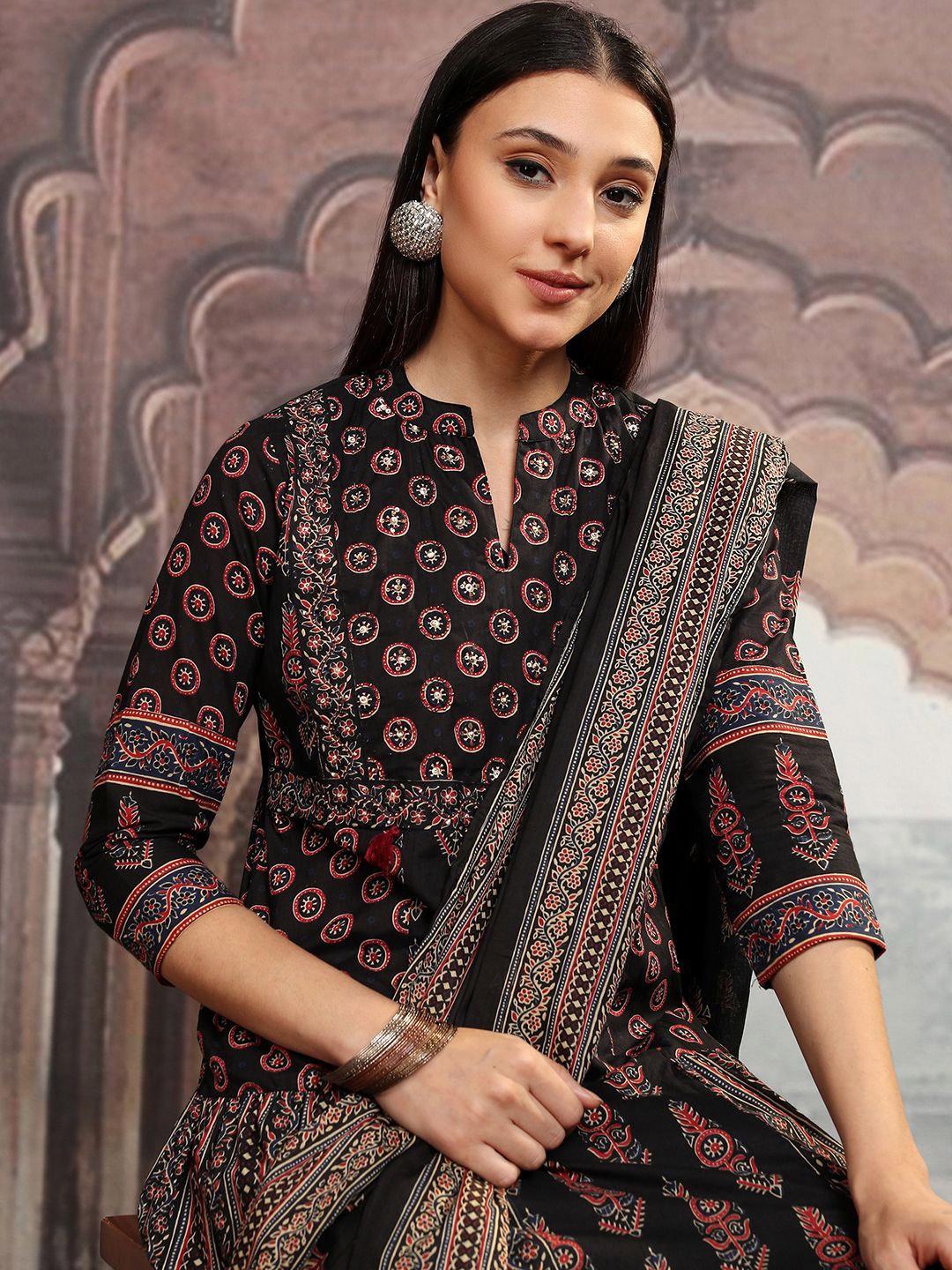 

Vishudh Black Ethnic Motifs Printed Pure Cotton Anarkali Kurta With Trousers & Dupatta