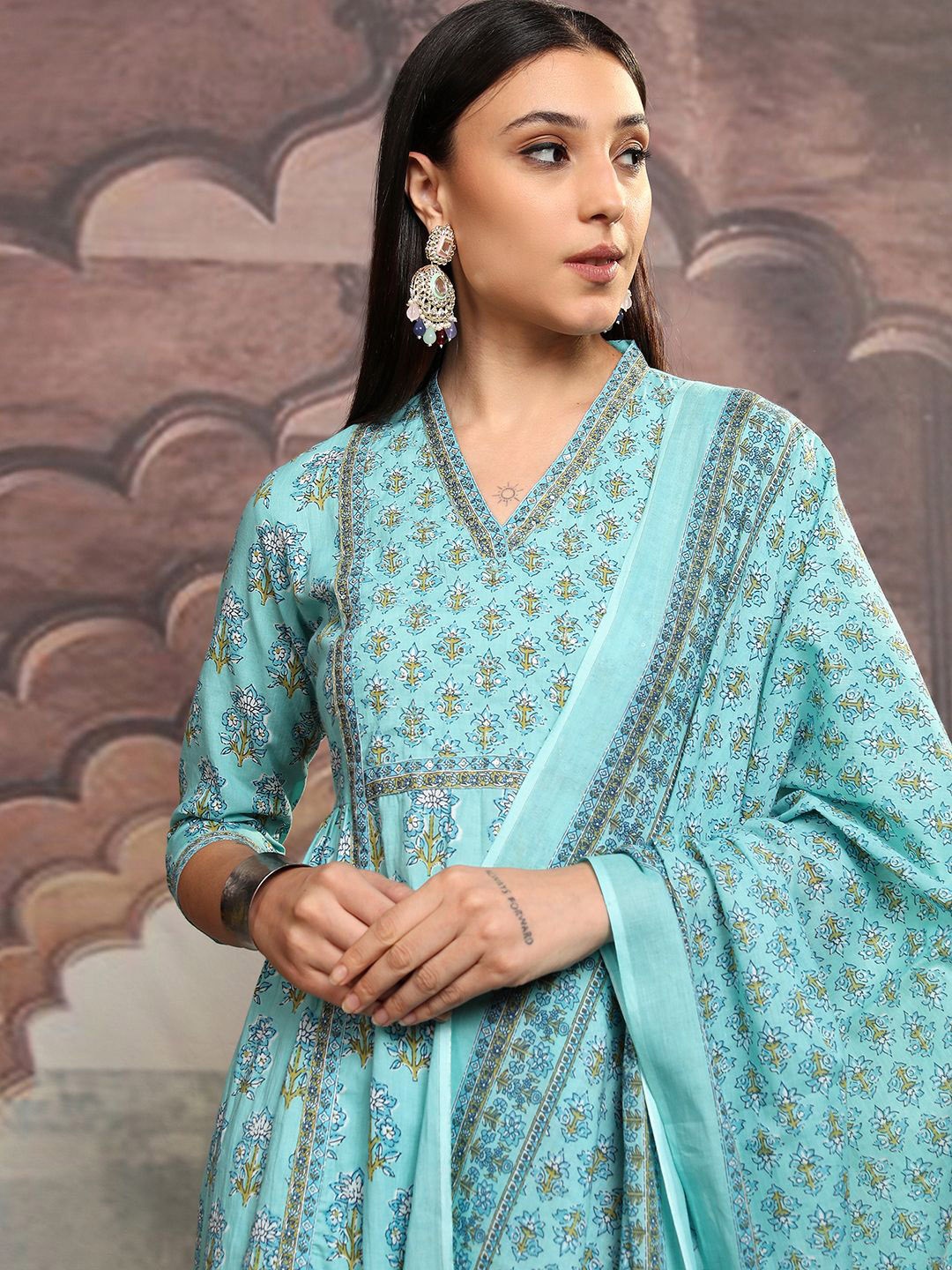 

Vishudh Blue Floral Printed Pure Cotton Anarkali Kurta With Trousers & Dupatta