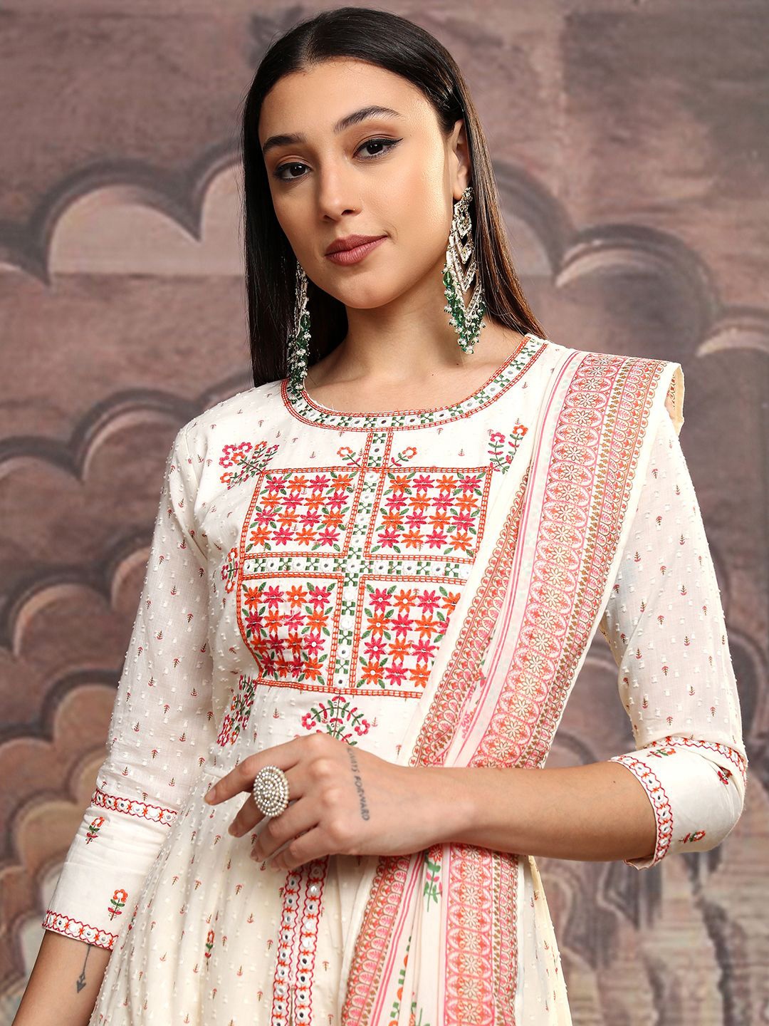 

Vishudh Cream Coloured Embroidered Pure Cotton Anarkali Kurta With Trousers & Dupatta