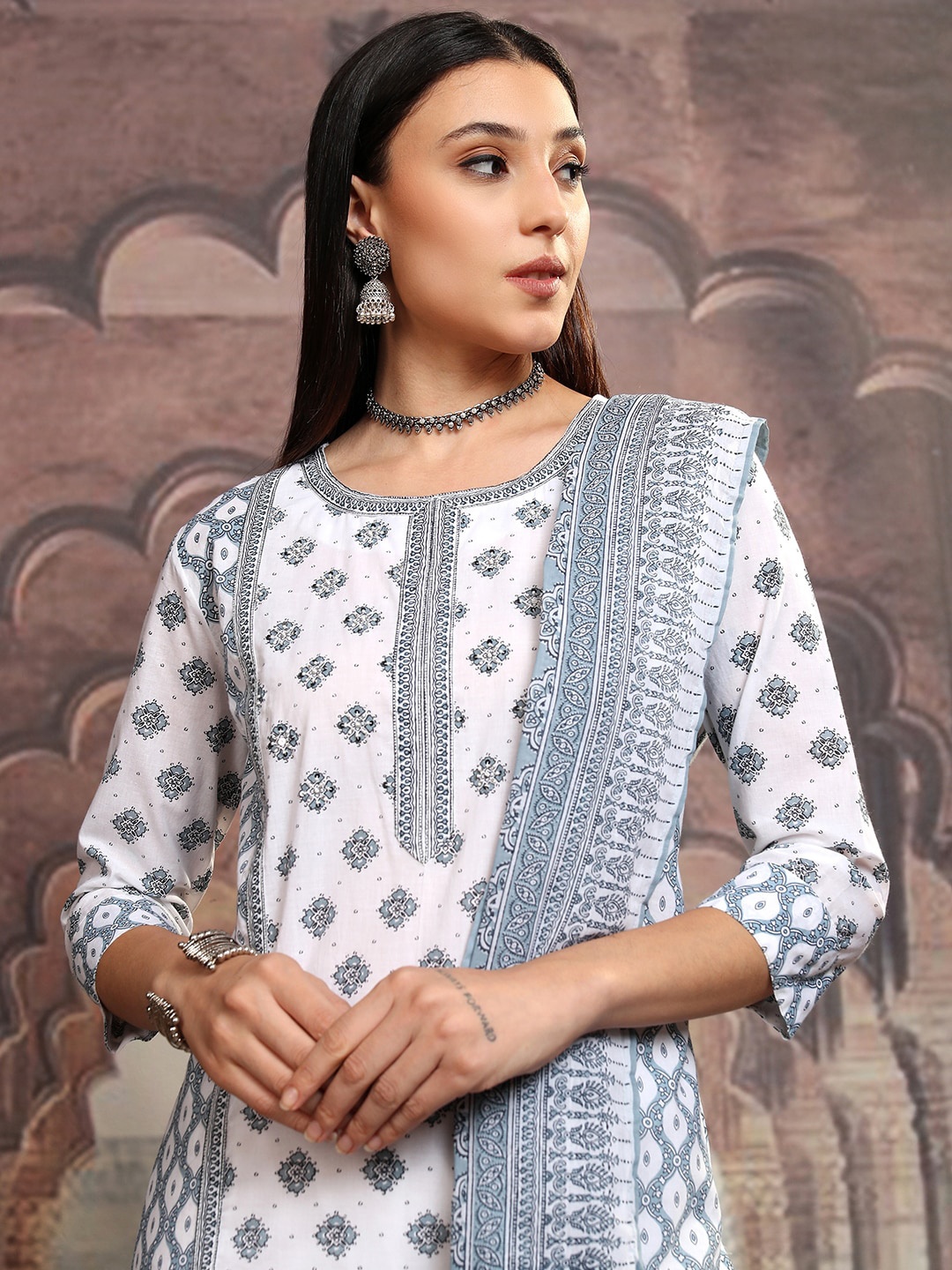 

Vishudh White Floral Printed Pure Cotton Straight Kurta With Trousers & Dupatta