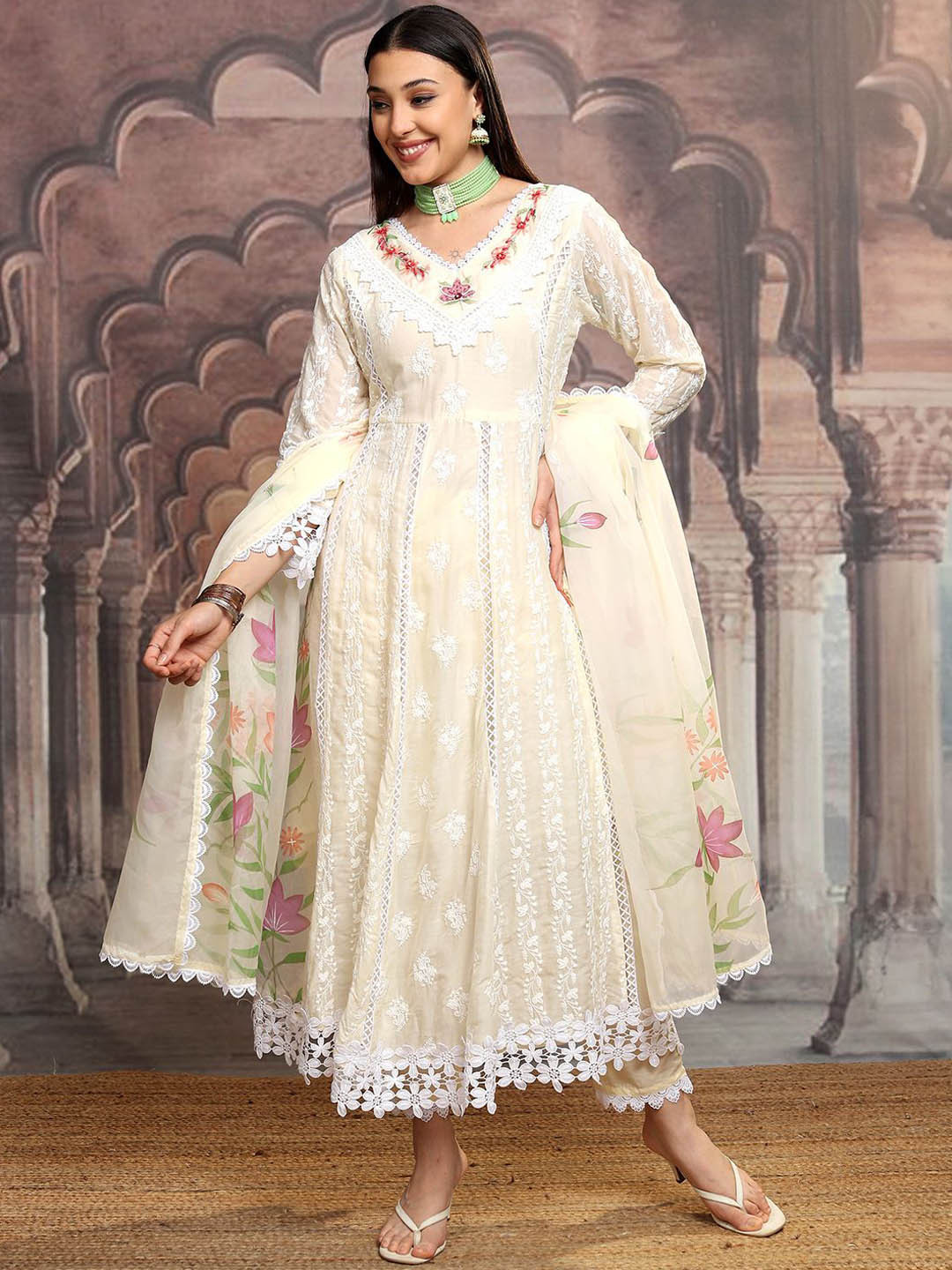

Vishudh Beige Embroidered Thread Work Pure Cotton Anarkali Kurta With Trousers & Dupatta