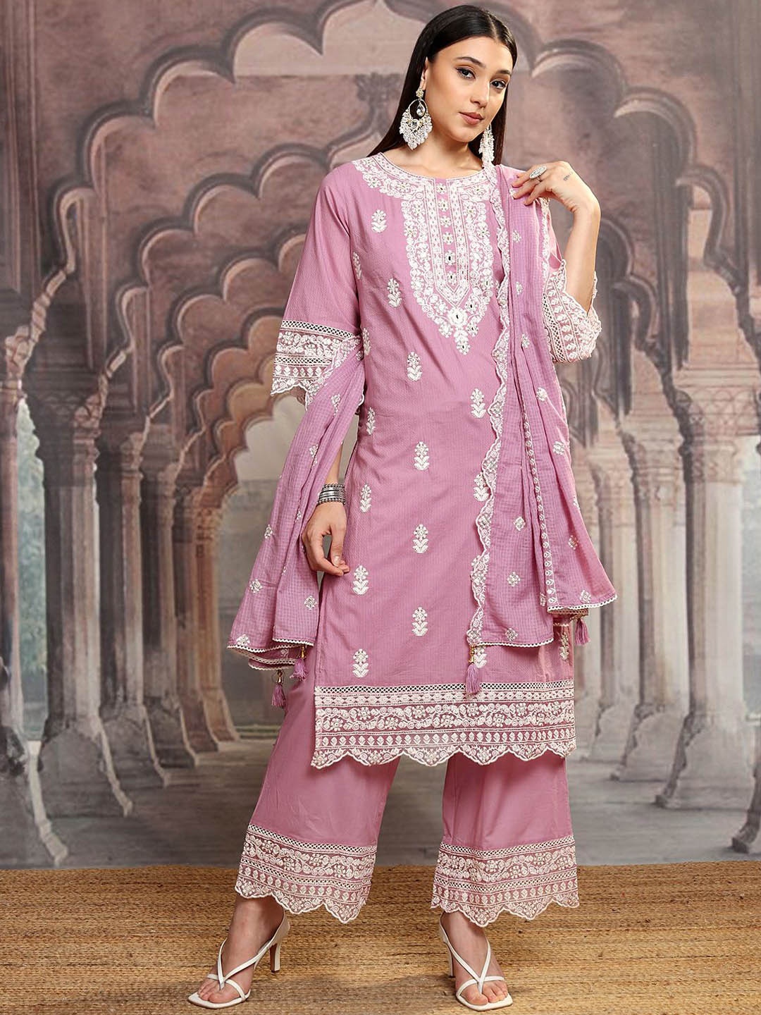 

Vishudh Pink Floral Embroidered Thread Work Pure Cotton Kurta with Palazzos & Dupatta