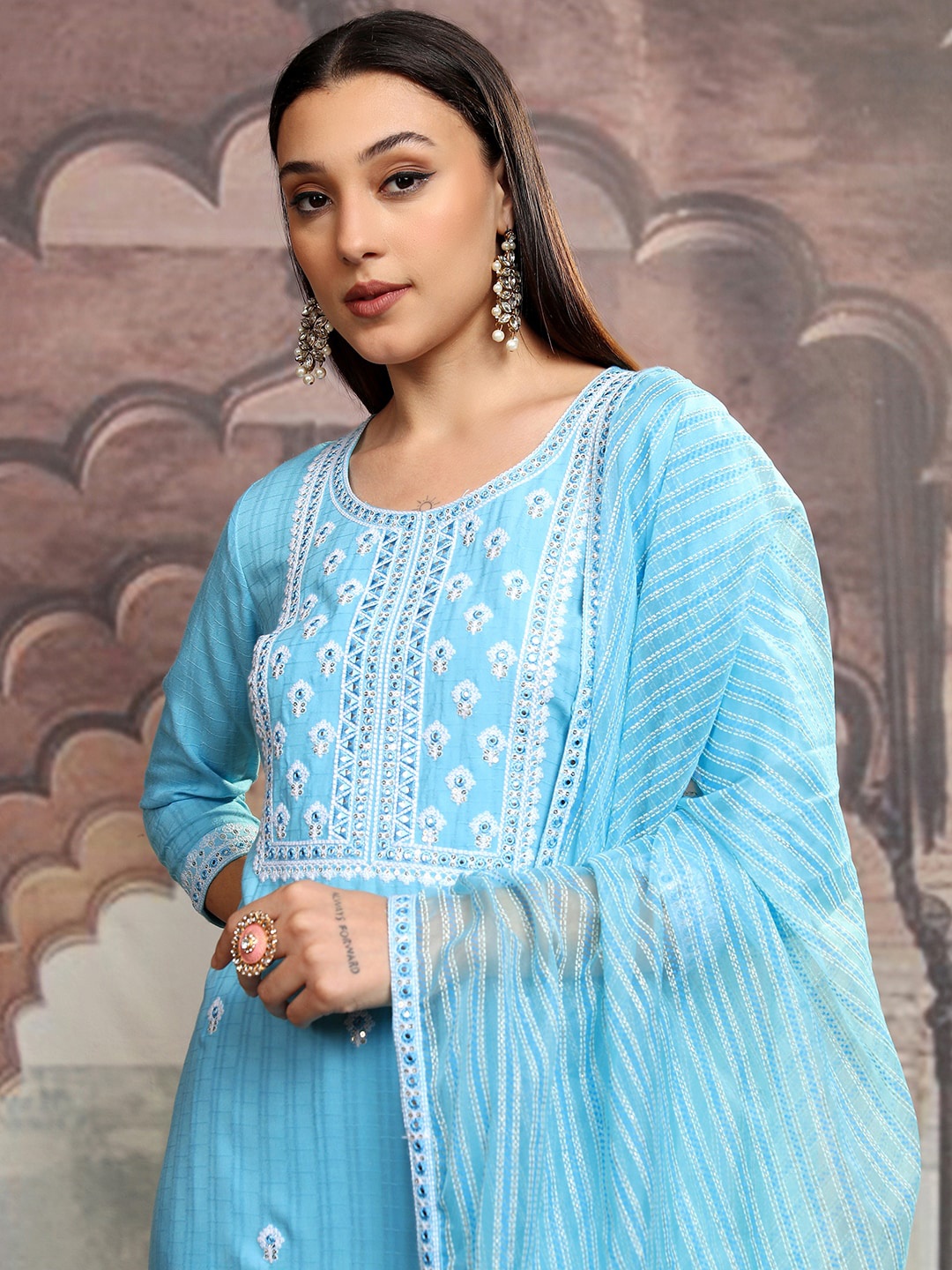 

Vishudh Blue Ethnic Motifs Embroidered Thread Work Kurta with Trousers & Dupatta