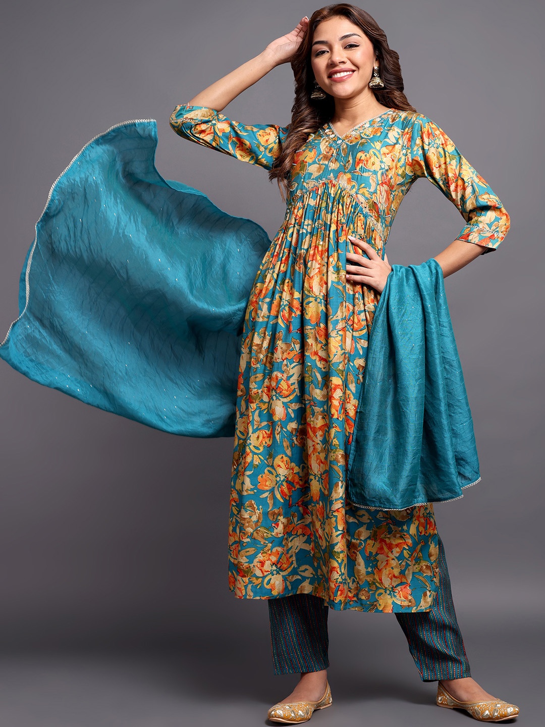 

AnjuShree Choice Floral Printed Empire Beads and Stones Kurta with Trousers & Dupatta, Blue