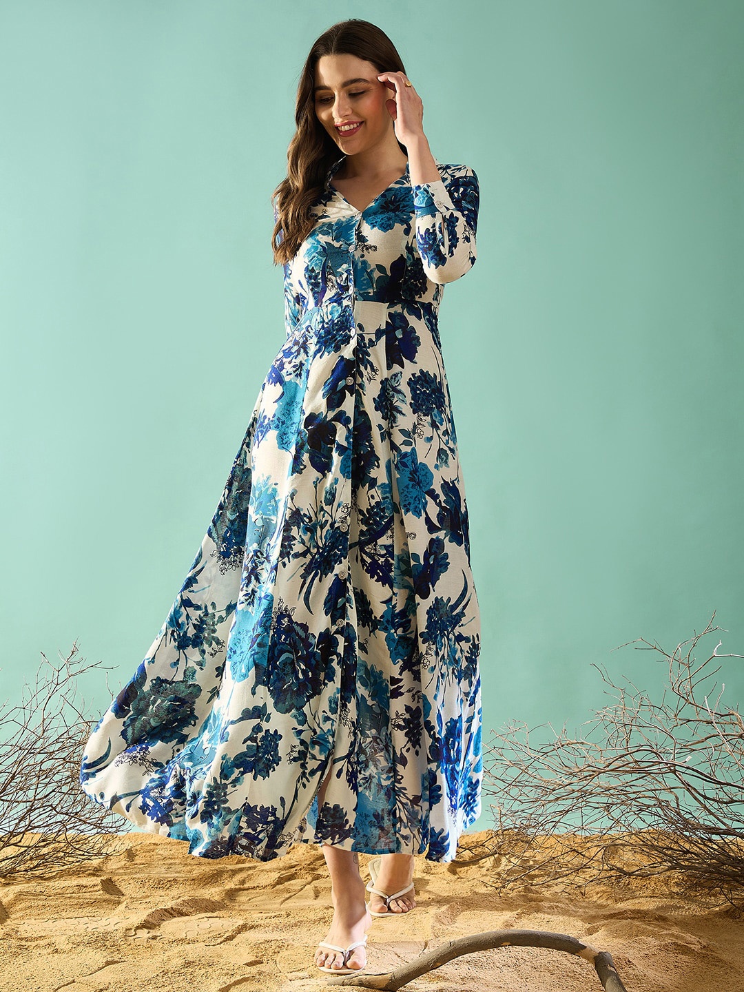 

PANIT Floral Printed Gathered or Pleated Georgette Fit & Flare Maxi Dress, Blue