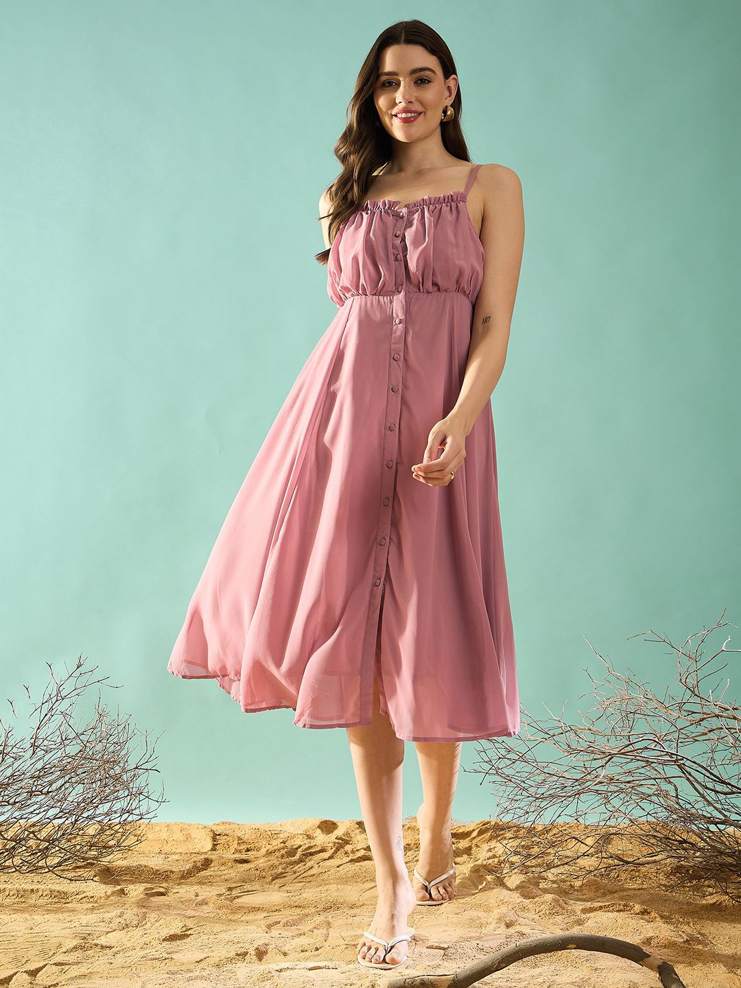 

PANIT Shoulder Straps Midi Dress, Rose