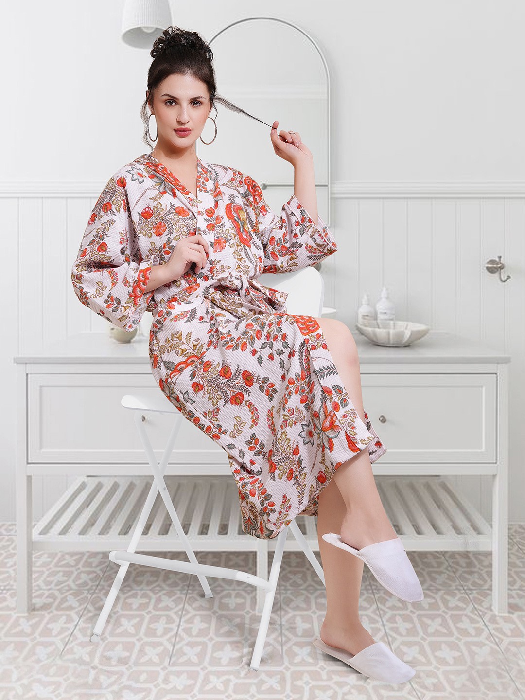 

HotGown Women Floral Printed Pure Cotton Bath Robe, White
