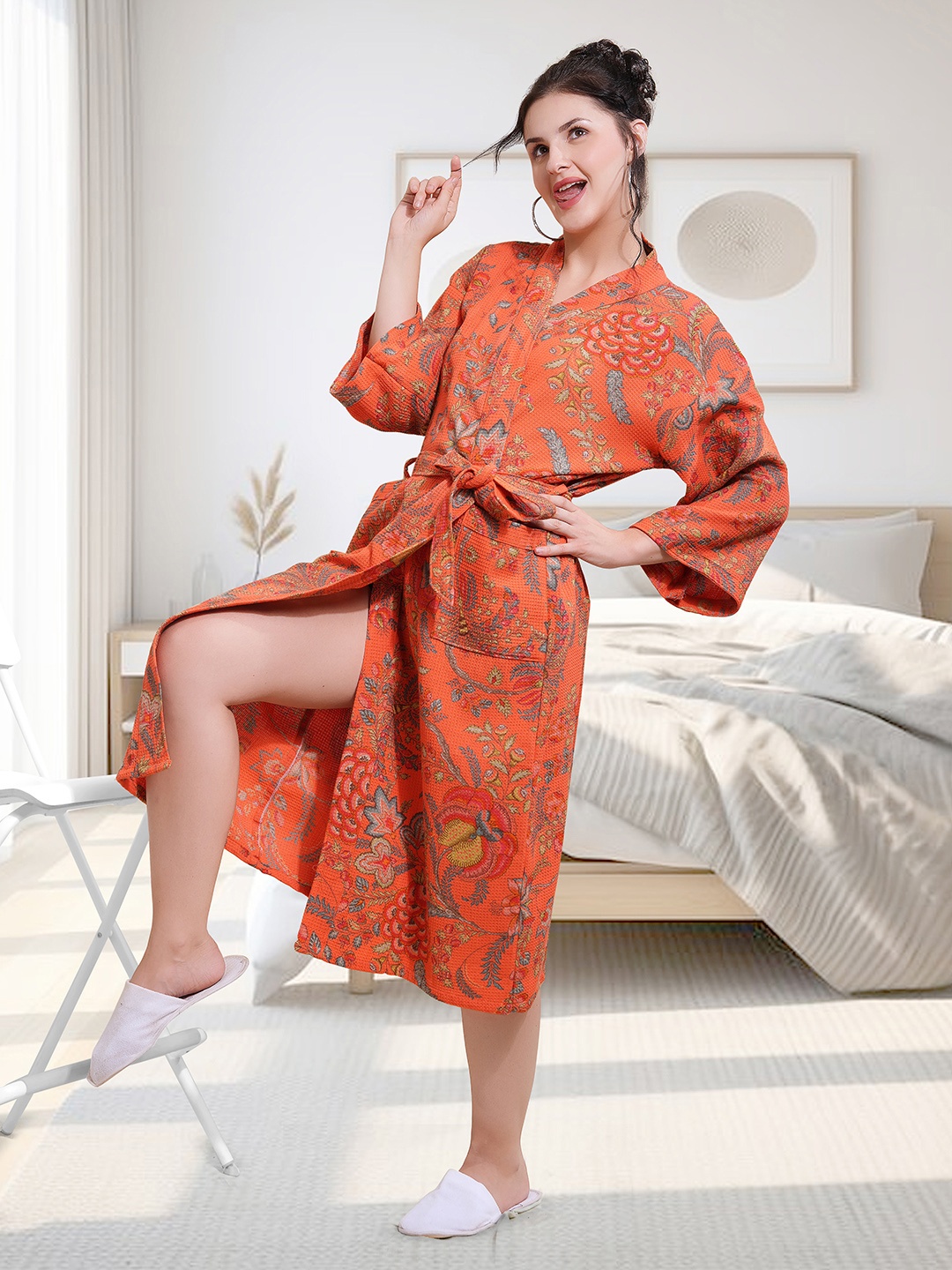 

HotGown Women Printed Pure Cotton Bath Robe, Orange