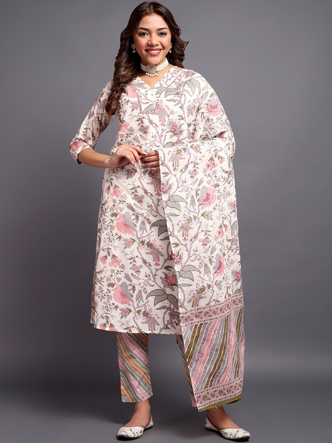 

AnjuShree Choice Floral Printed Beads and Stones Pure Cotton Kurta with Trousers & Dupatta, White