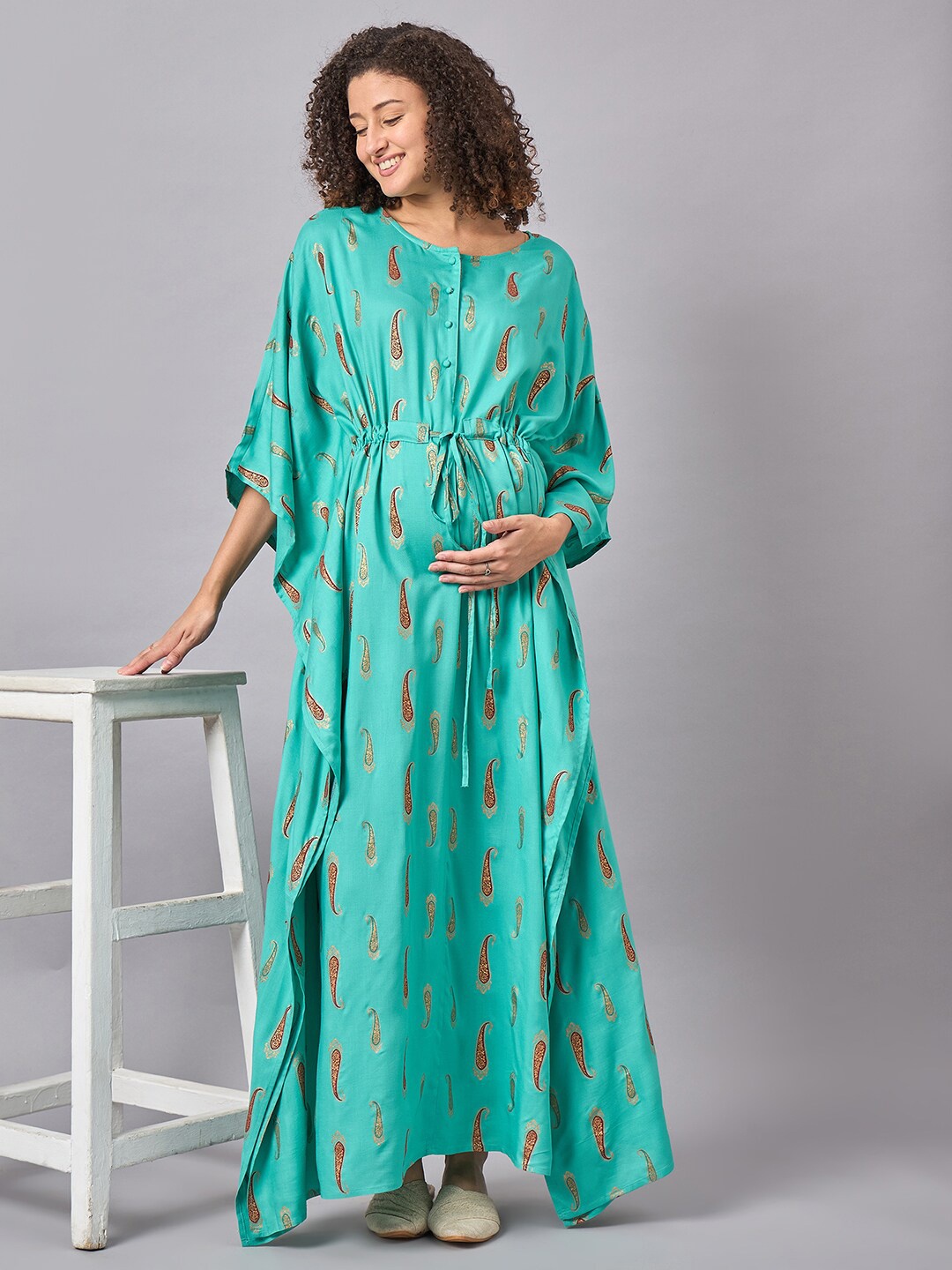 

Mine4Nine Ethnic Motifs Print Extended Sleeves Maternity Maxi Dress, Green