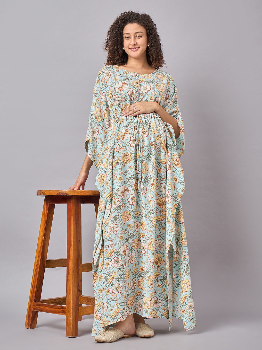 

Mine4Nine Floral Printed Kimono Sleeves Maternity Maxi Dress, Blue