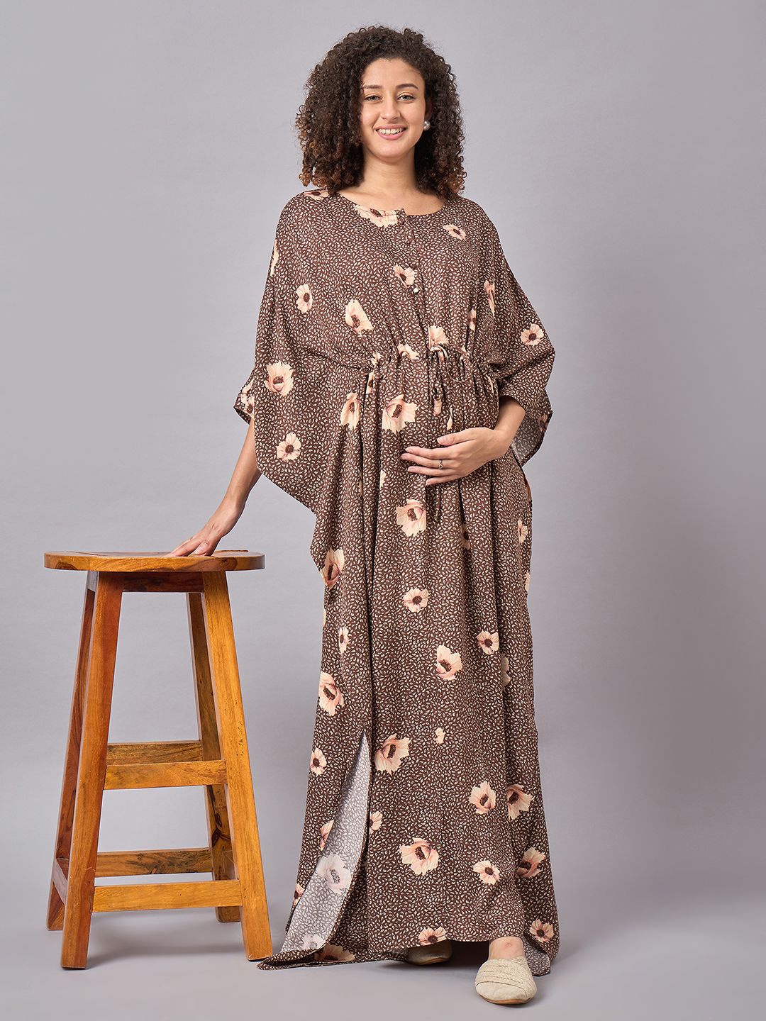 

Mine4Nine Floral Printed Extended Sleeves Maternity Maxi Dress, Brown
