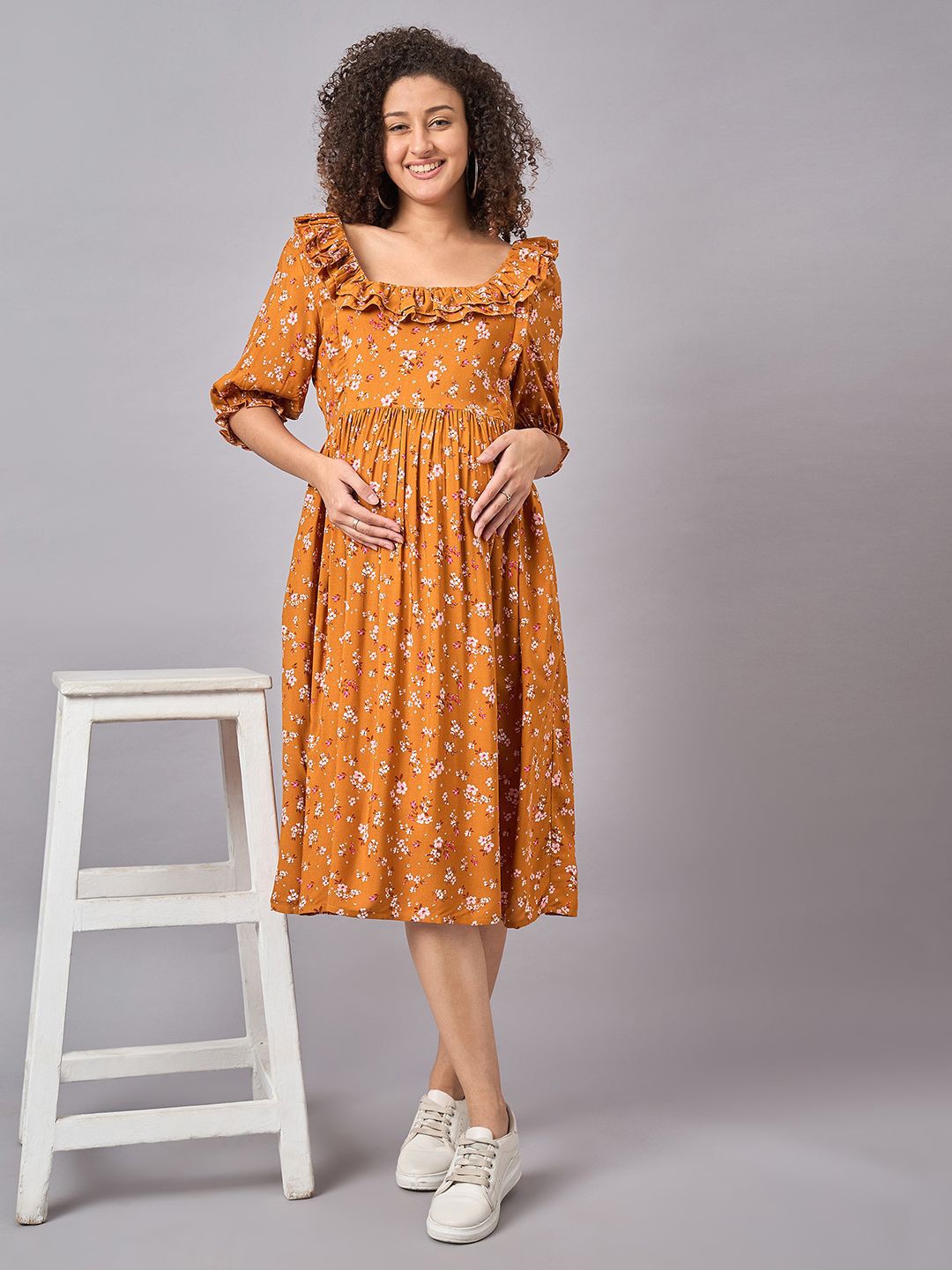 

Mine4Nine Floral Print Puff Sleeves Maternity A-Line Midi Dress, Mustard