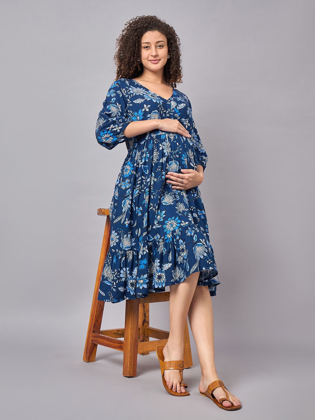 

Mine4Nine Floral Print Puff Sleeves Maternity A-Line Midi Dress, Blue