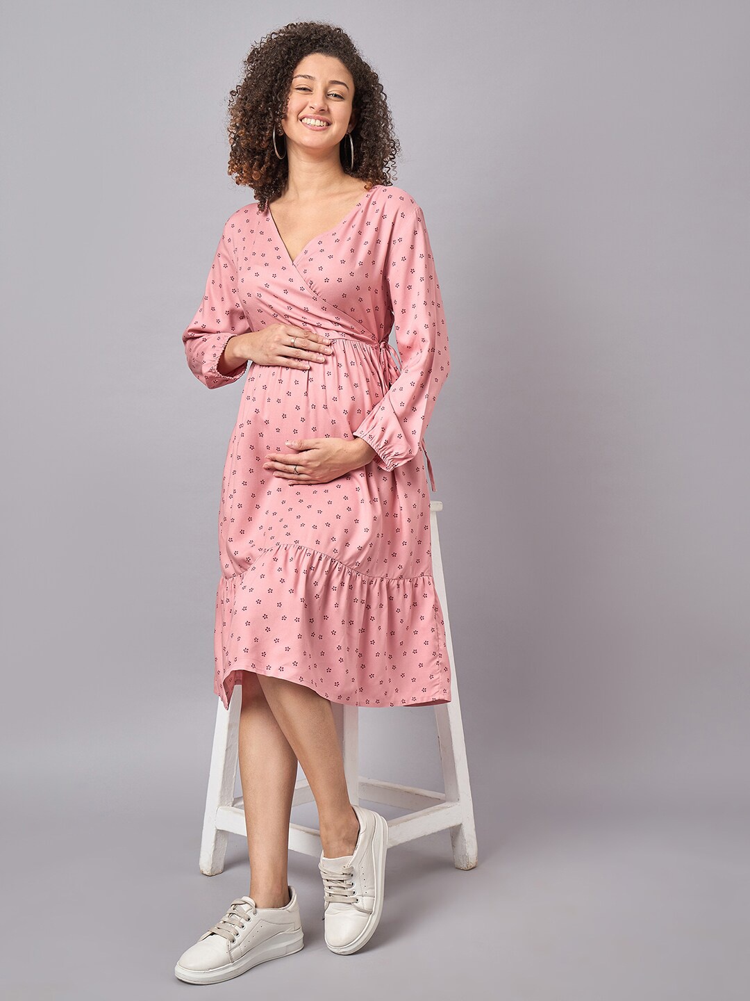 

Mine4Nine Women Floral Printed V-Neck Gathered Detailed Maternity A-Line Midi Dress, Pink