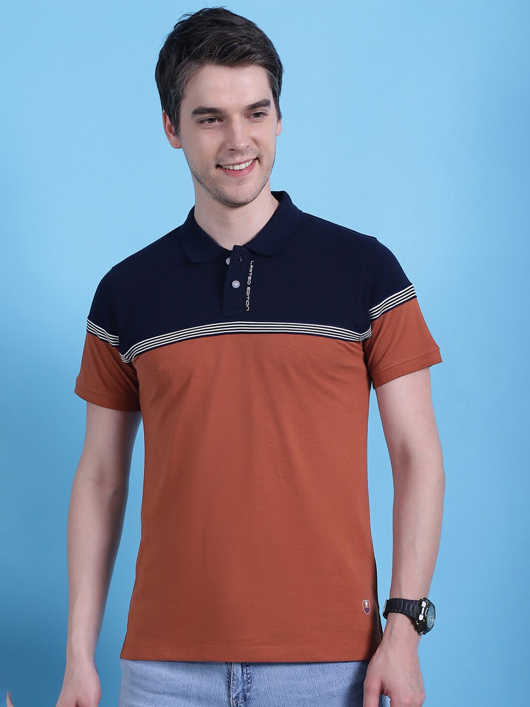 

VENITIAN Men Colourblocked Polo Collar T-shirt, Rust