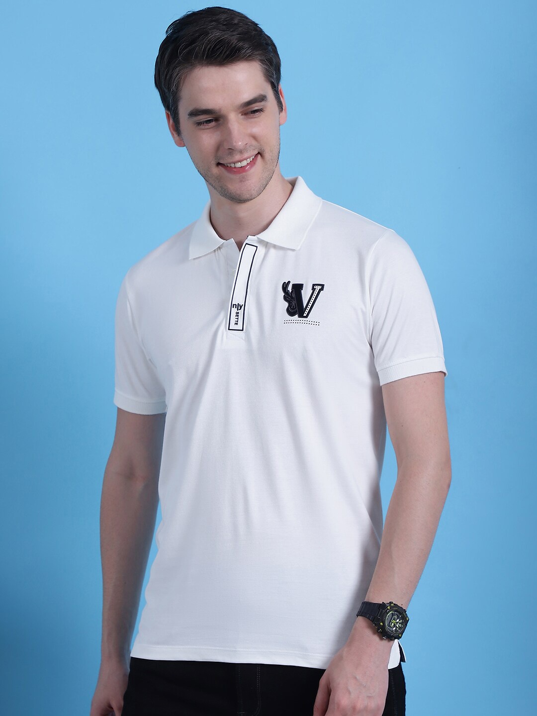 

VENITIAN Men Applique Polo Collar T-shirt, White